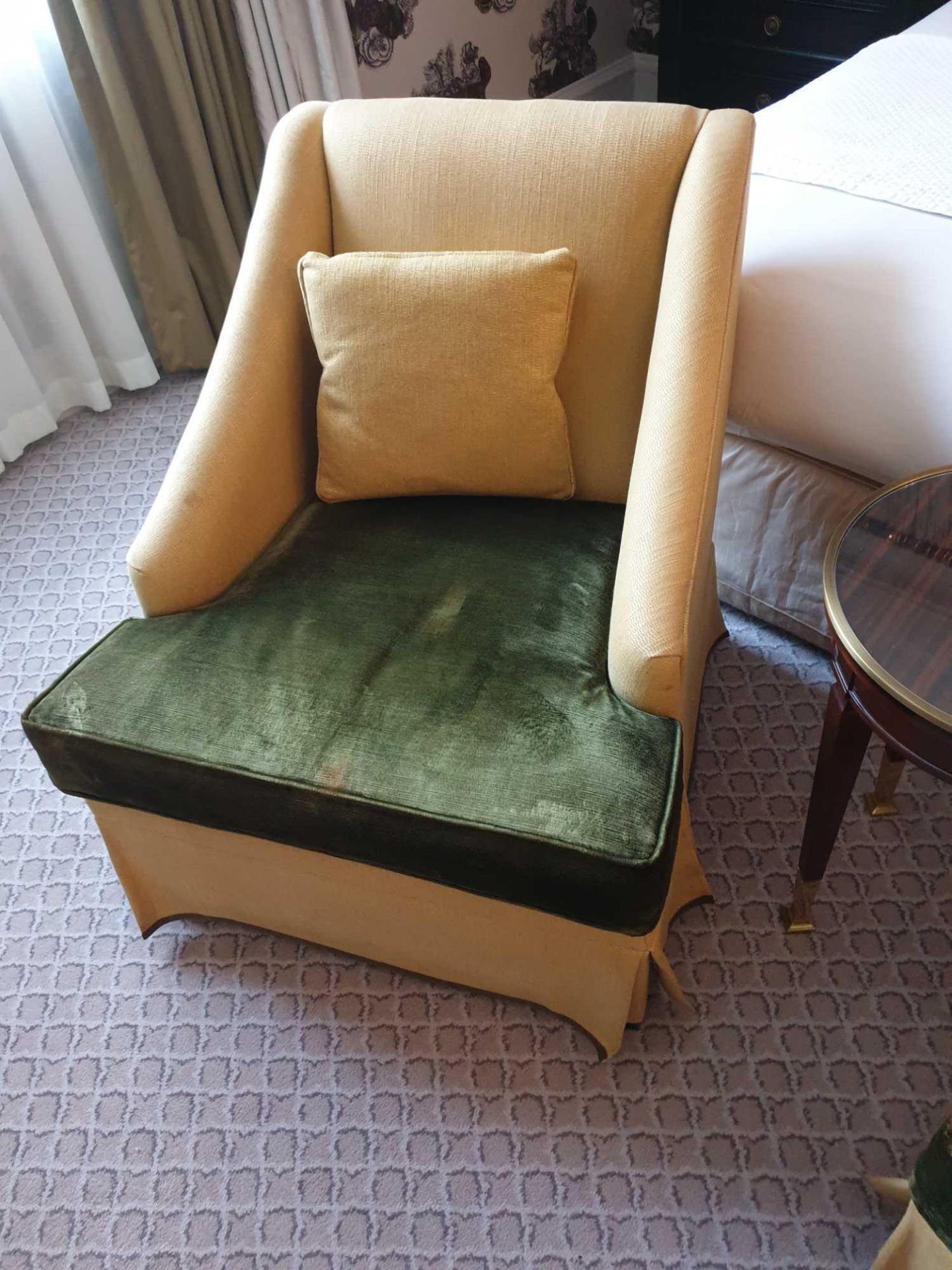 A Pair Of Egerton Armchair Sloping Arms, Dressmakers Skirt And A Sprung Back Upholstered In Gold - Image 3 of 3