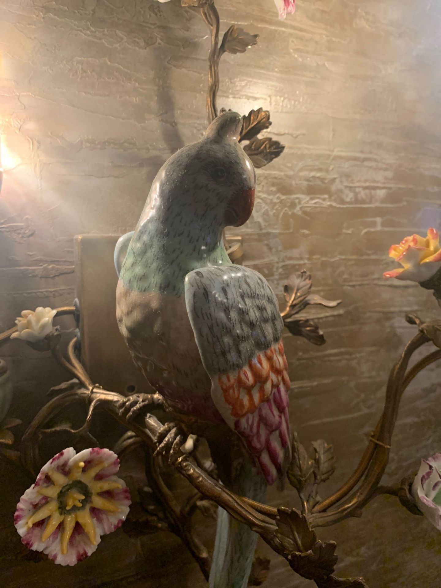 A Pair Of French Gilt Metal And Porcelain Twin Light Parrot Wall Appliques Featuring Delicate - Image 2 of 4