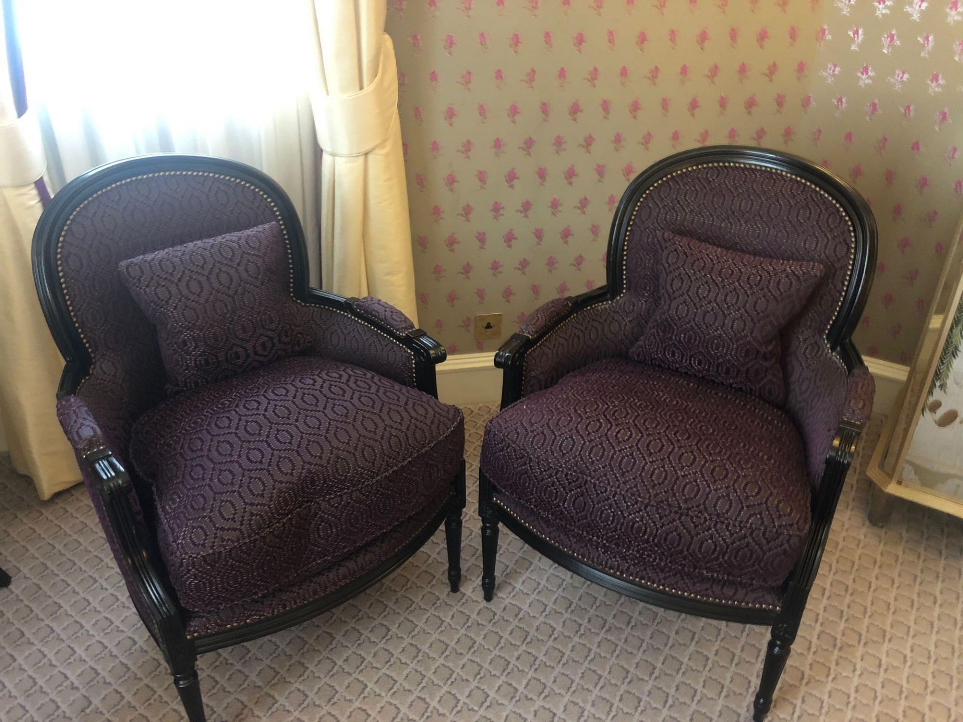 A Pair Of Bergere Chair Black Wood Frame Upholstered In A Dark Mauve Pattern With Stud Pin Detail 66