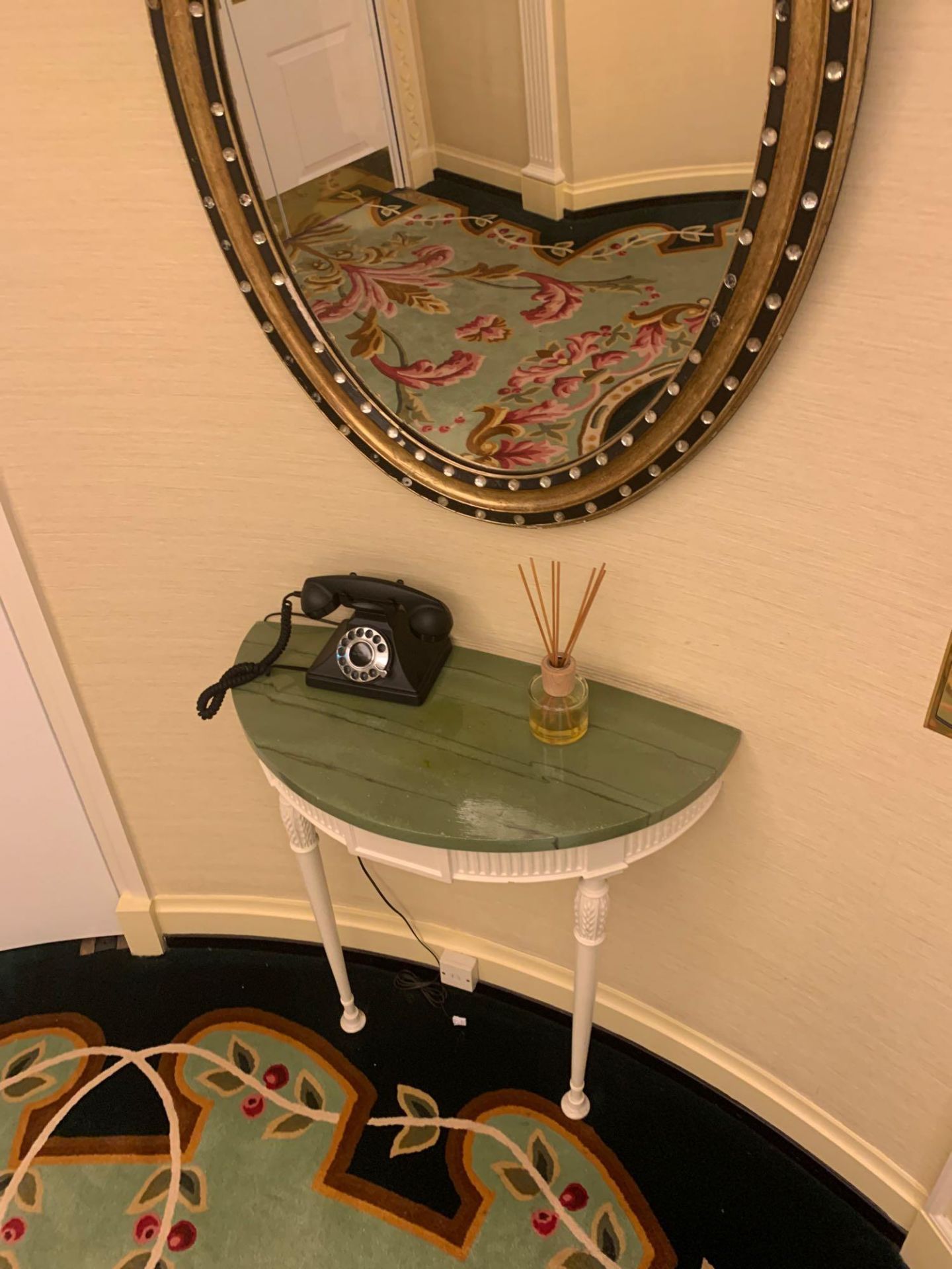 Demi Lune Console Table In Painted White With A Carved Detail Apron Below A Faux Marble Green Wood - Image 4 of 4