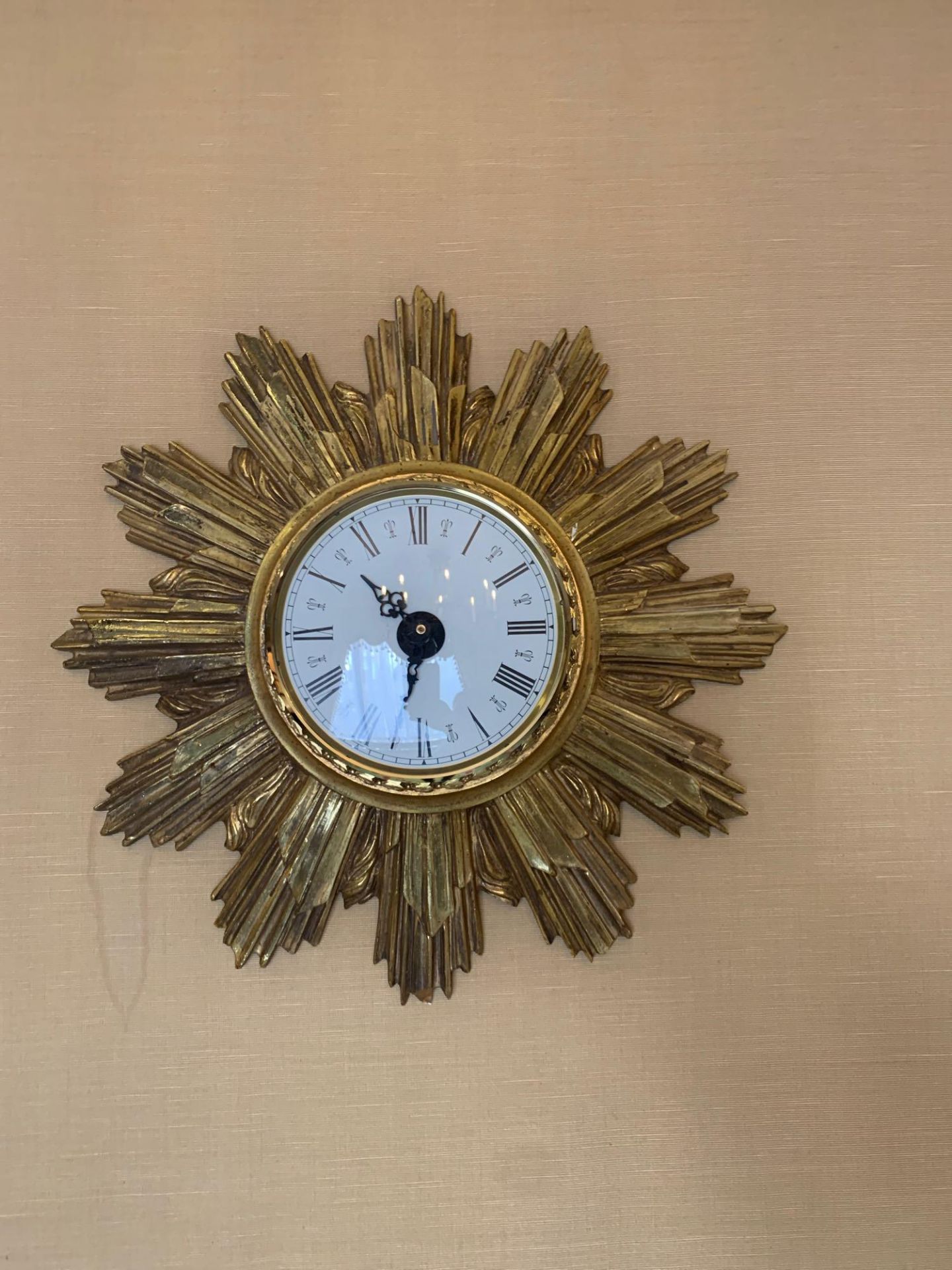 A Mid Century Carved French Gilt Wood Painted In Antique Brass Sunburst Wall Clock 50cm (Hall 1 lift