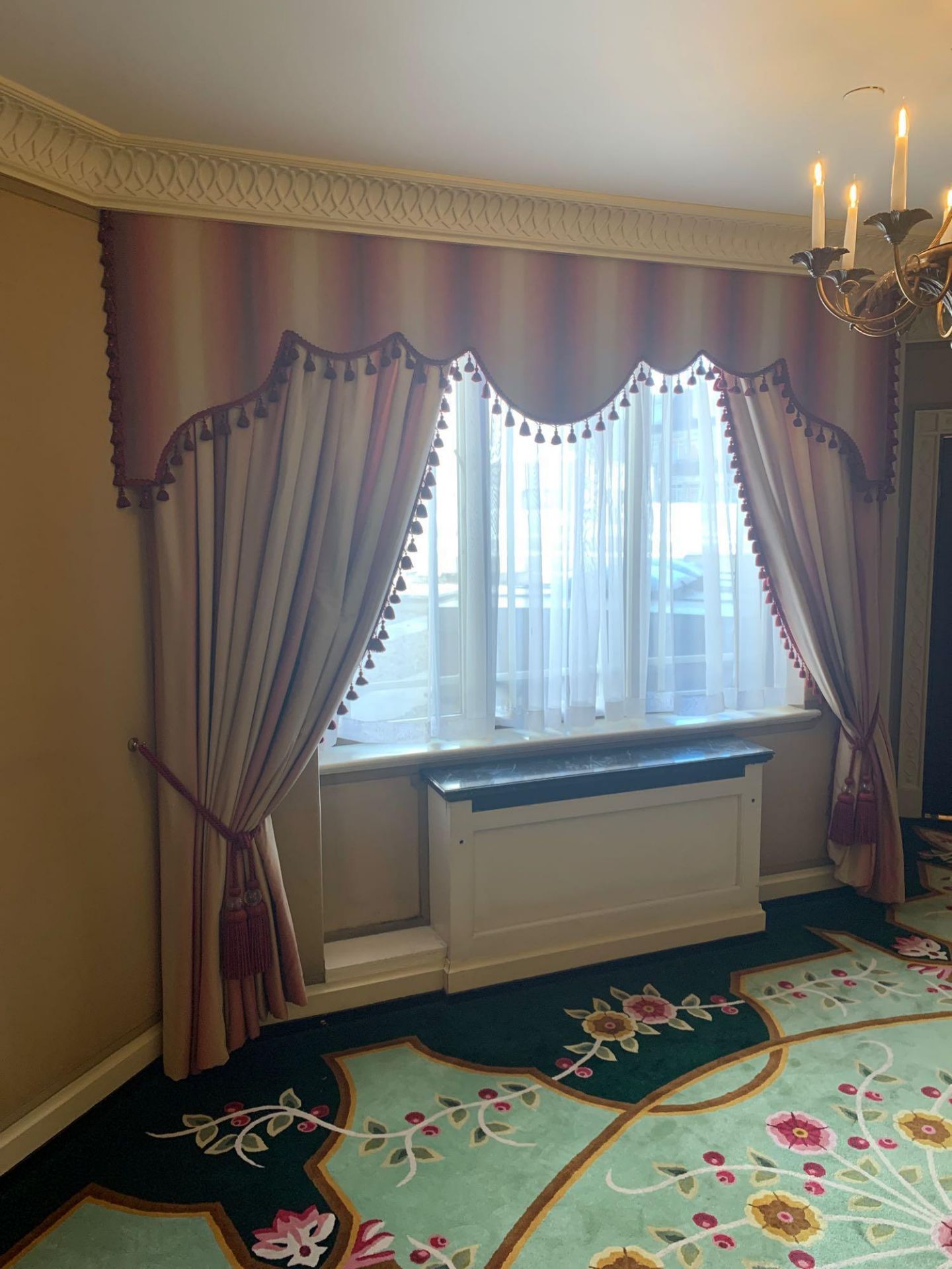 A Pair Of Silk Drapes In A Red And Cream With A Tassel Ribbed Edge Complete With Shaped Canopy