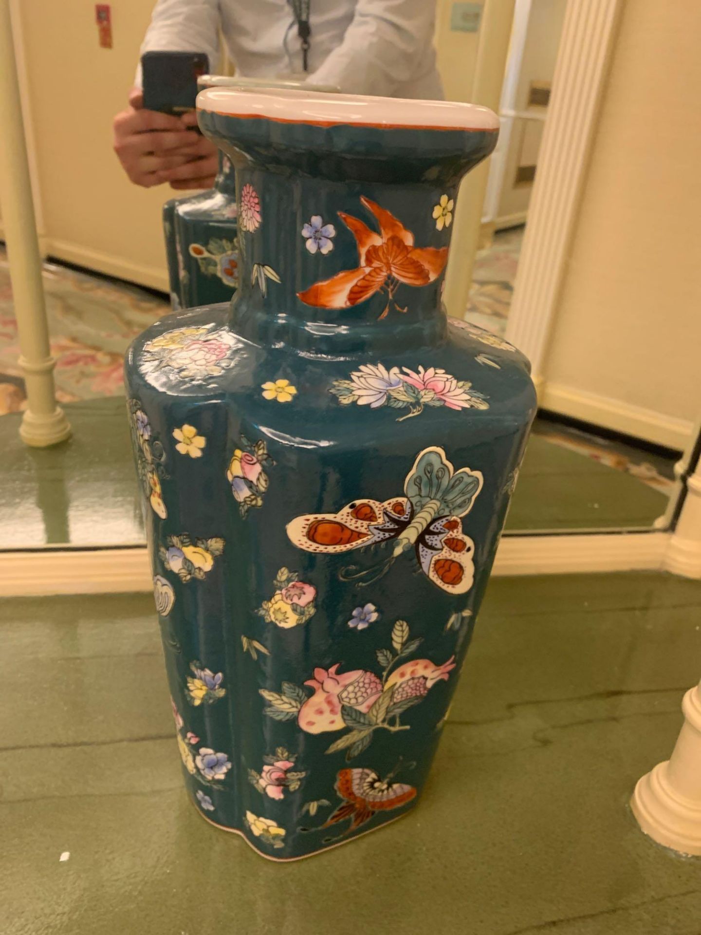 Tall Chinoiserie Porcelain Hand Painted Vase With Butterflies And Flora Commissioned By Maitland - Image 2 of 3