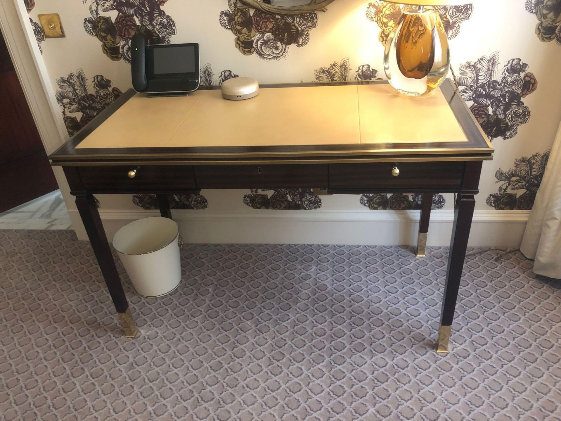 Writing Desk High Gloss Ebony Wood With Tooled Leather Inlay Faux Central Drawer Flanked By Single