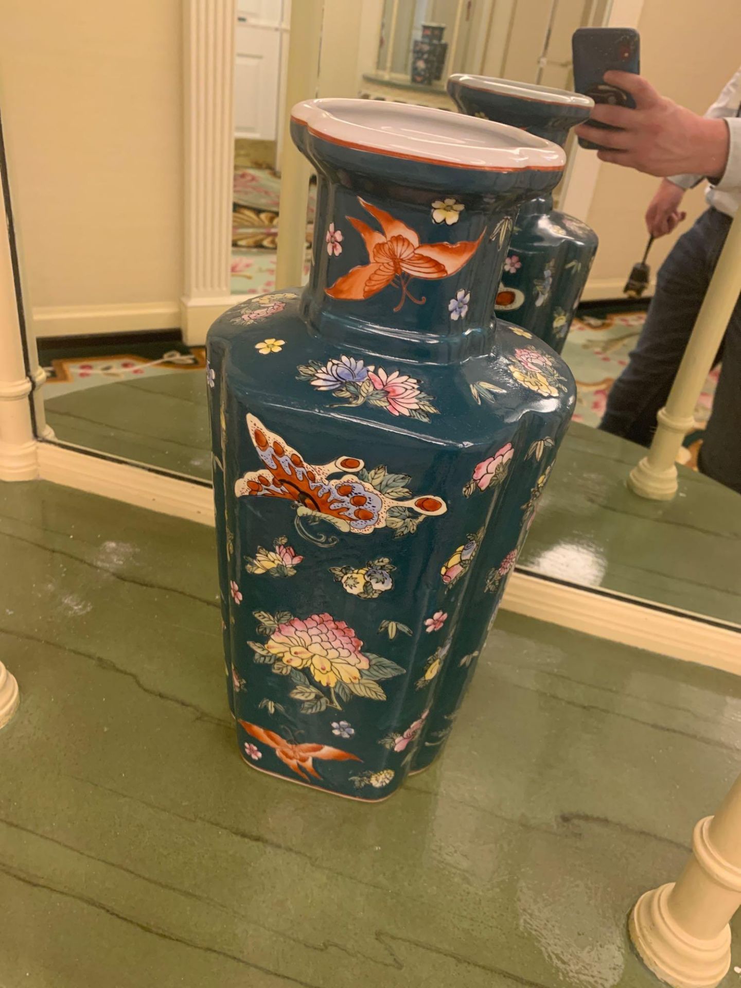 Tall Chinoiserie Porcelain Hand Painted Vase With Butterflies And Flora Commissioned By Maitland