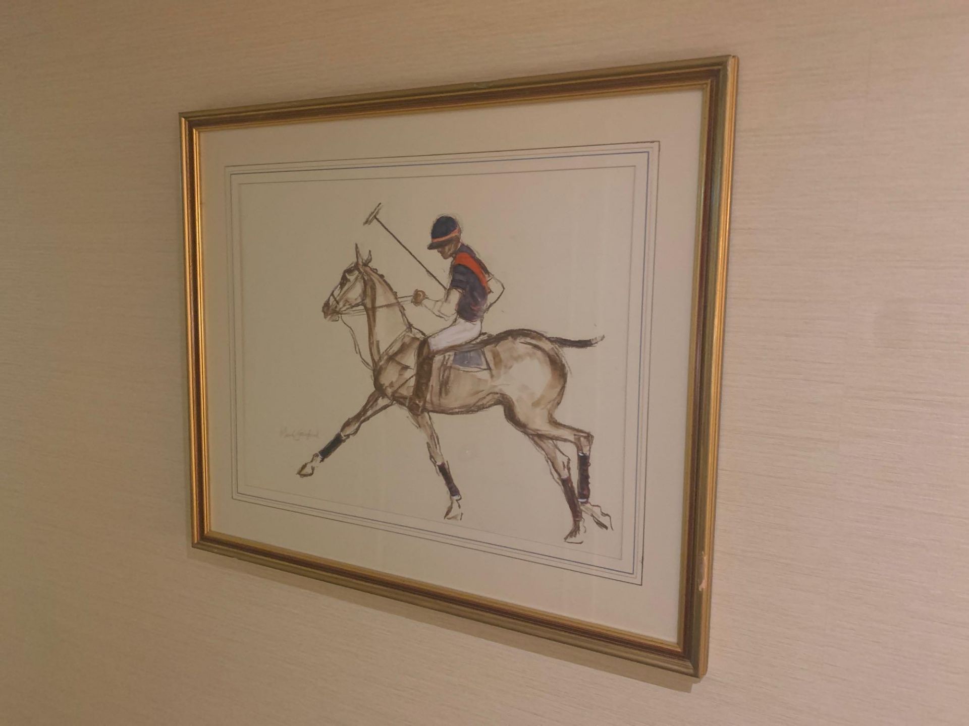 Paul Gainsford (British, B.1931) Equine Painting Of A Polo Player Wearing A Navy Blue And Red Jersey - Image 3 of 3