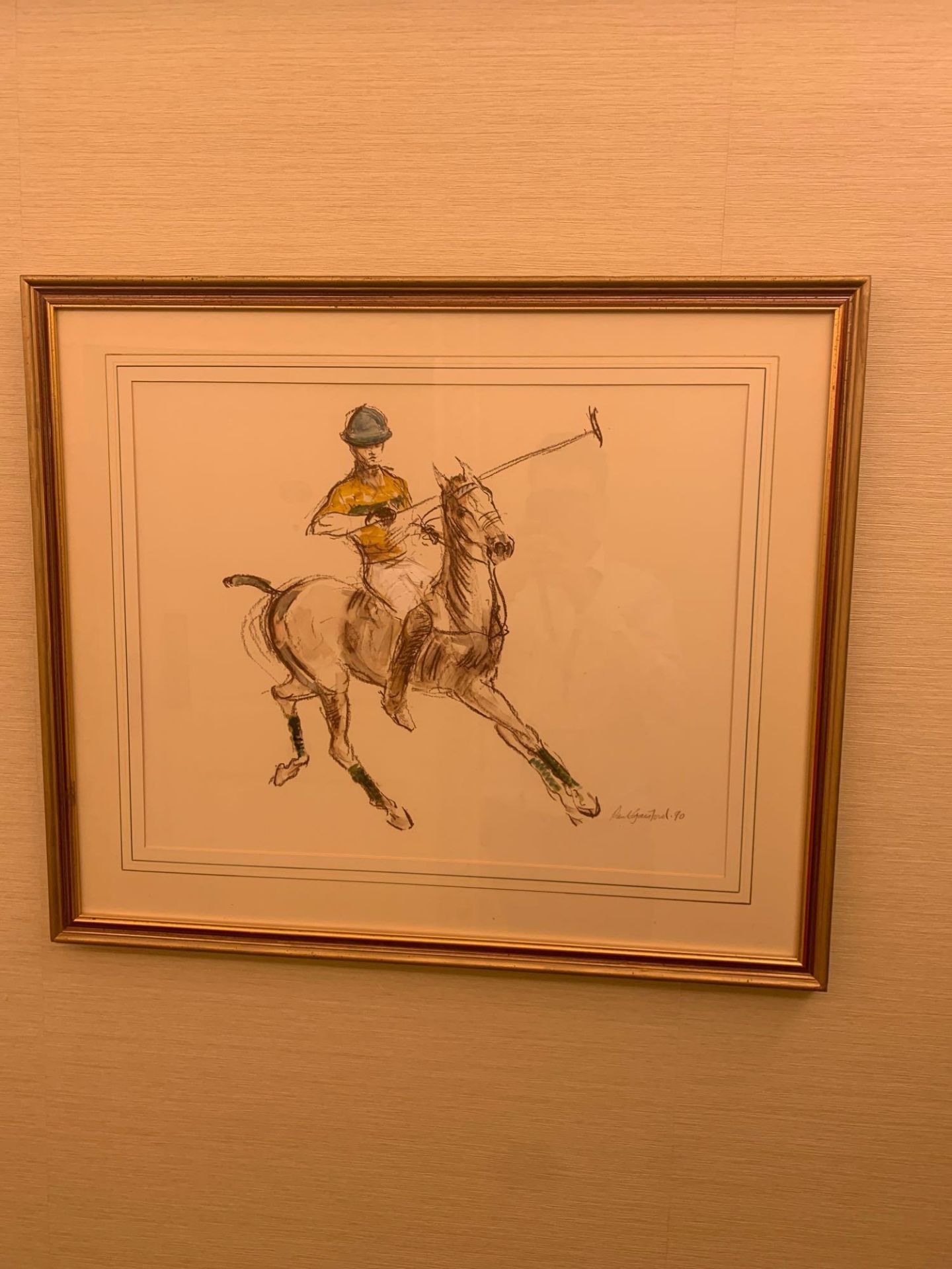 Paul Gainsford (British, B.1931) Equine Painting Of A Polo Player Wearing A Yellow And Green