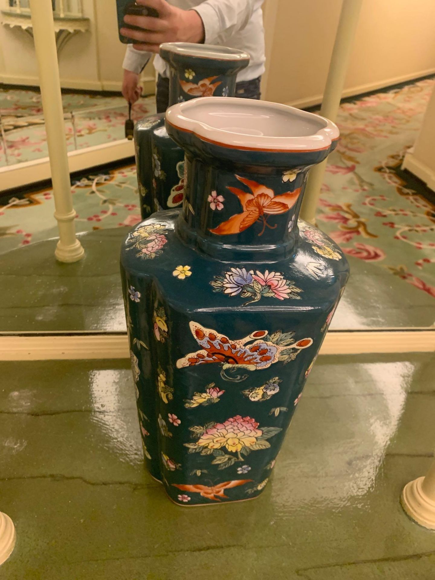 Tall Chinoiserie Porcelain Hand Painted Vase With Butterflies And Flora Commissioned By Maitland - Image 2 of 3