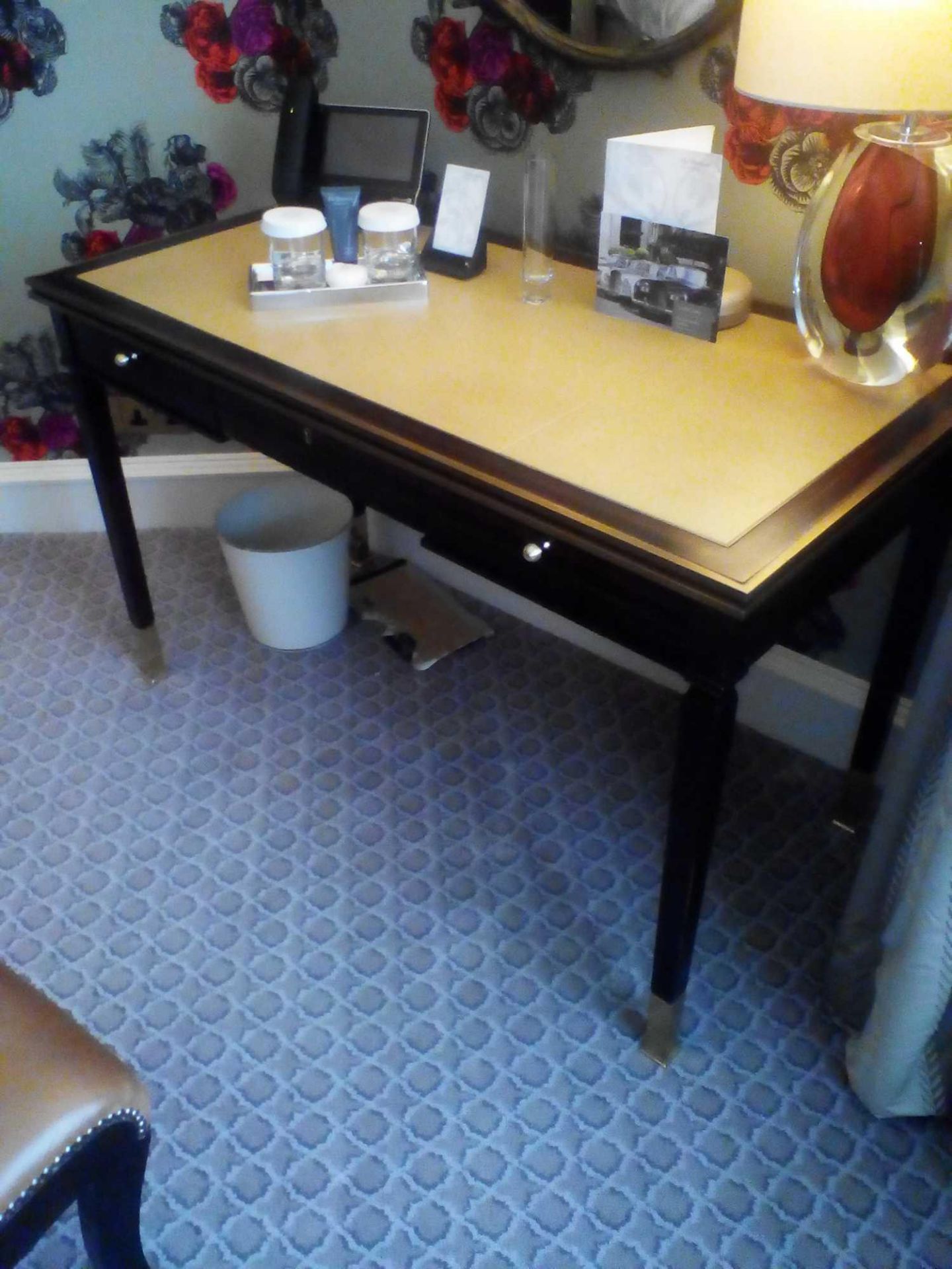 Writing Desk With Tooled Leather Inlay Faux Central Drawer Flanked By Single Drawer And Flap - Image 2 of 2