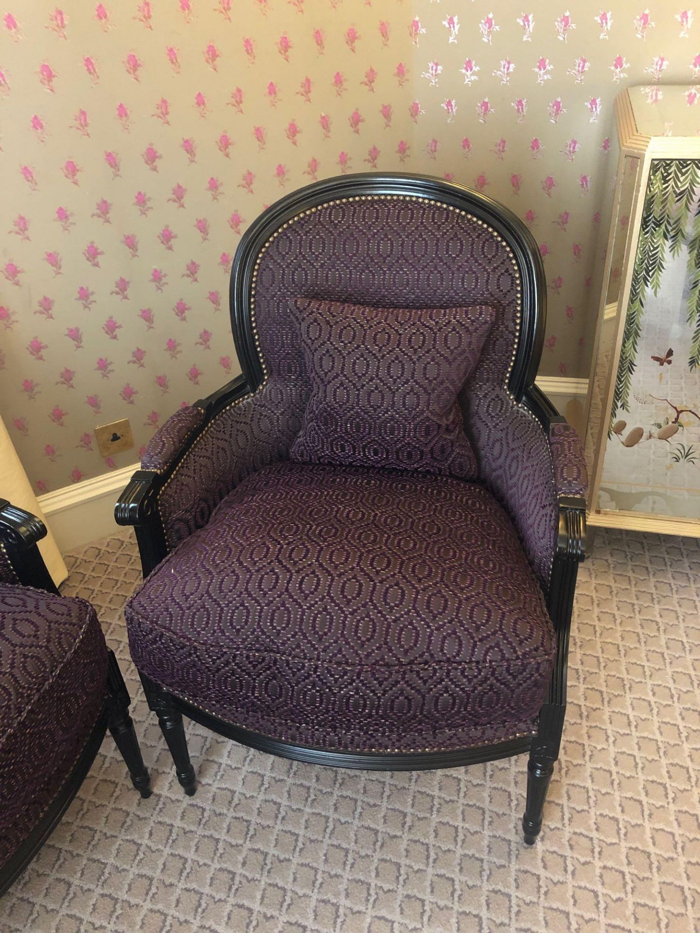 A Pair Of Bergere Chair Black Wood Frame Upholstered In A Dark Mauve Pattern With Stud Pin Detail 66 - Image 2 of 2