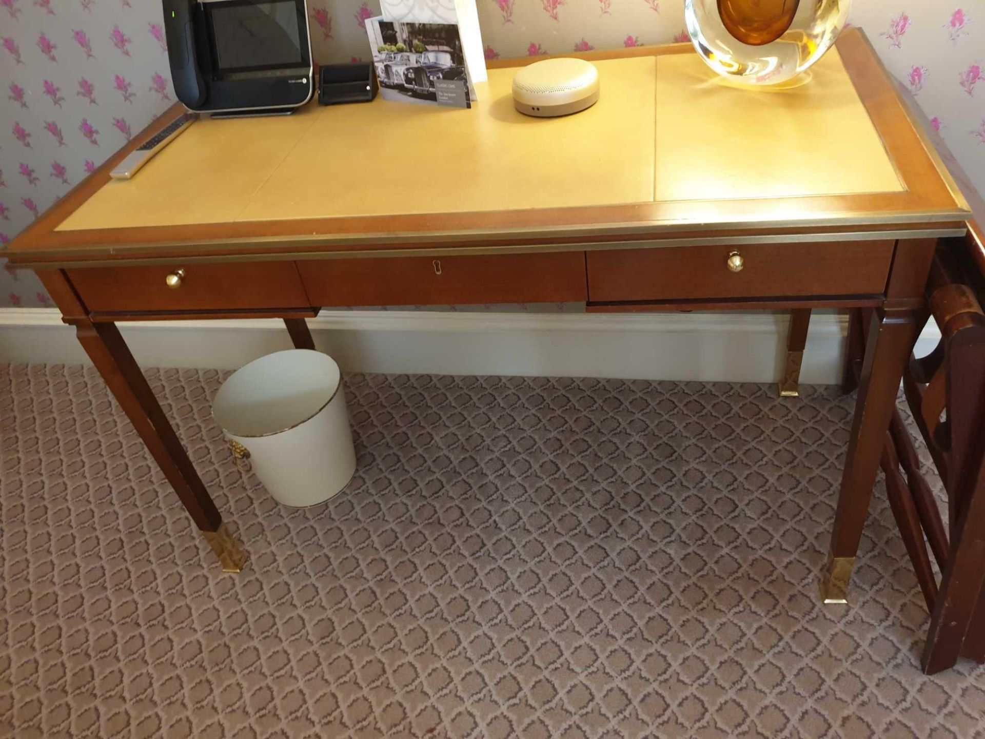 Writing Desk With Tooled Leather Inlay Faux Central Drawer Flanked By Single Drawer And Flap