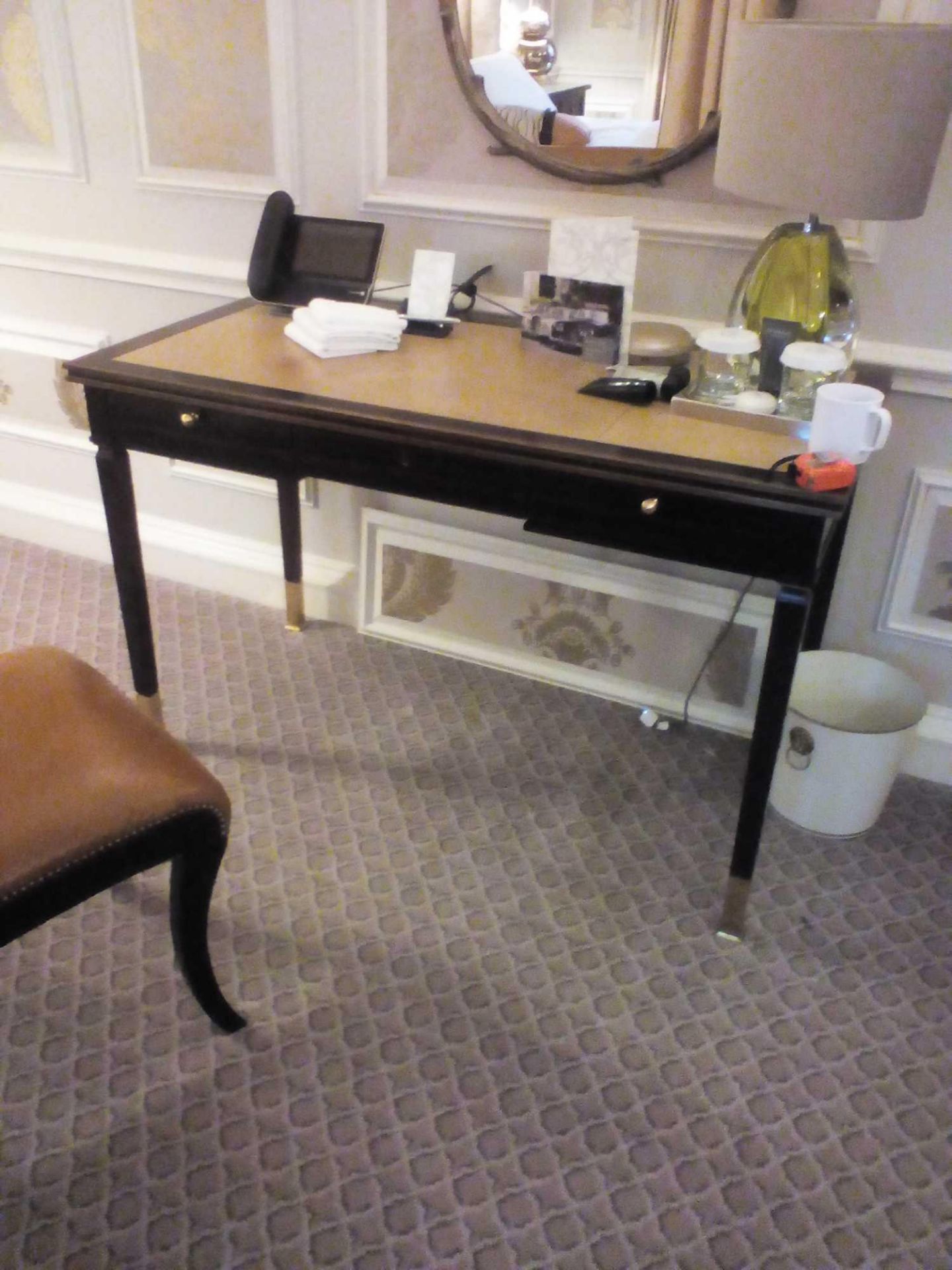 Writing Desk High Gloss Ebony Wood With Tooled Leather Inlay Faux Central Drawer Flanked By Single