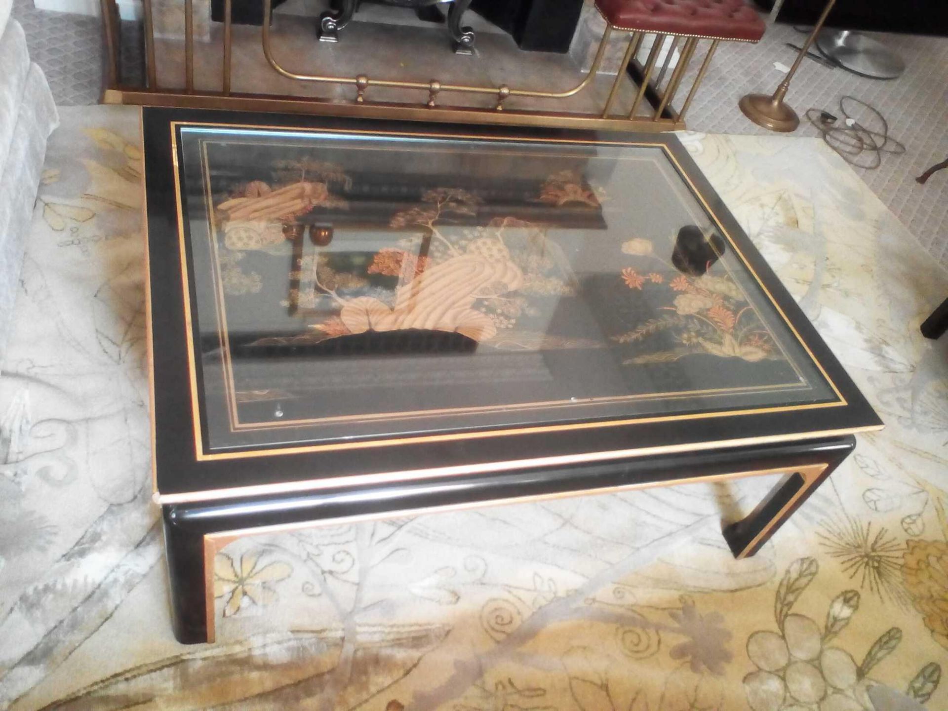 Georgian Style Black Lacquered Hand Painted Chinoiserie Gilded Coffee Table By Restall Brown And