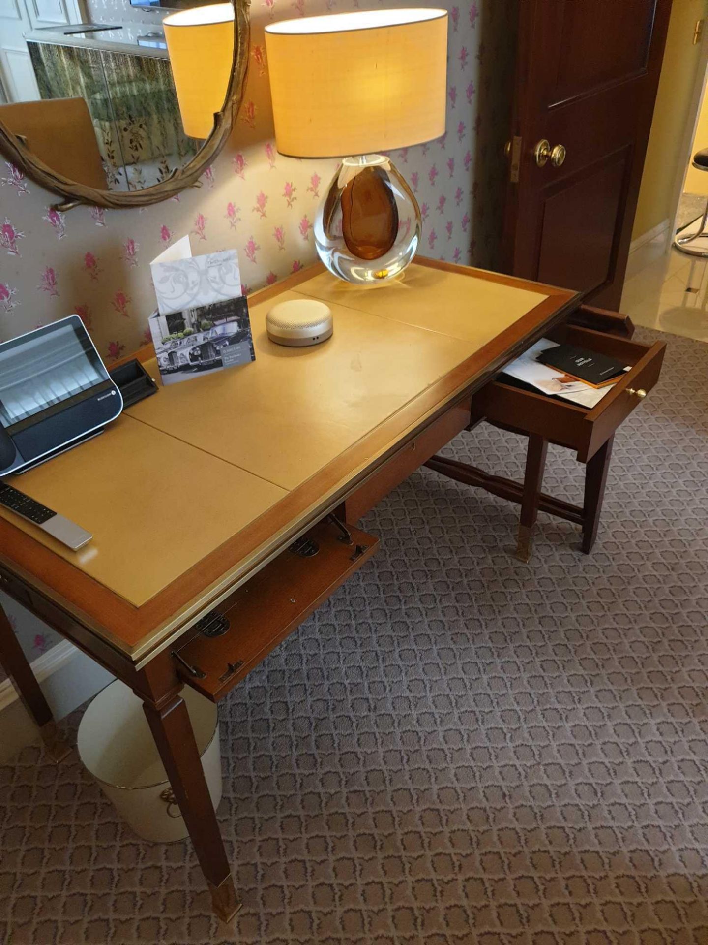 Writing Desk With Tooled Leather Inlay Faux Central Drawer Flanked By Single Drawer And Flap - Image 2 of 2