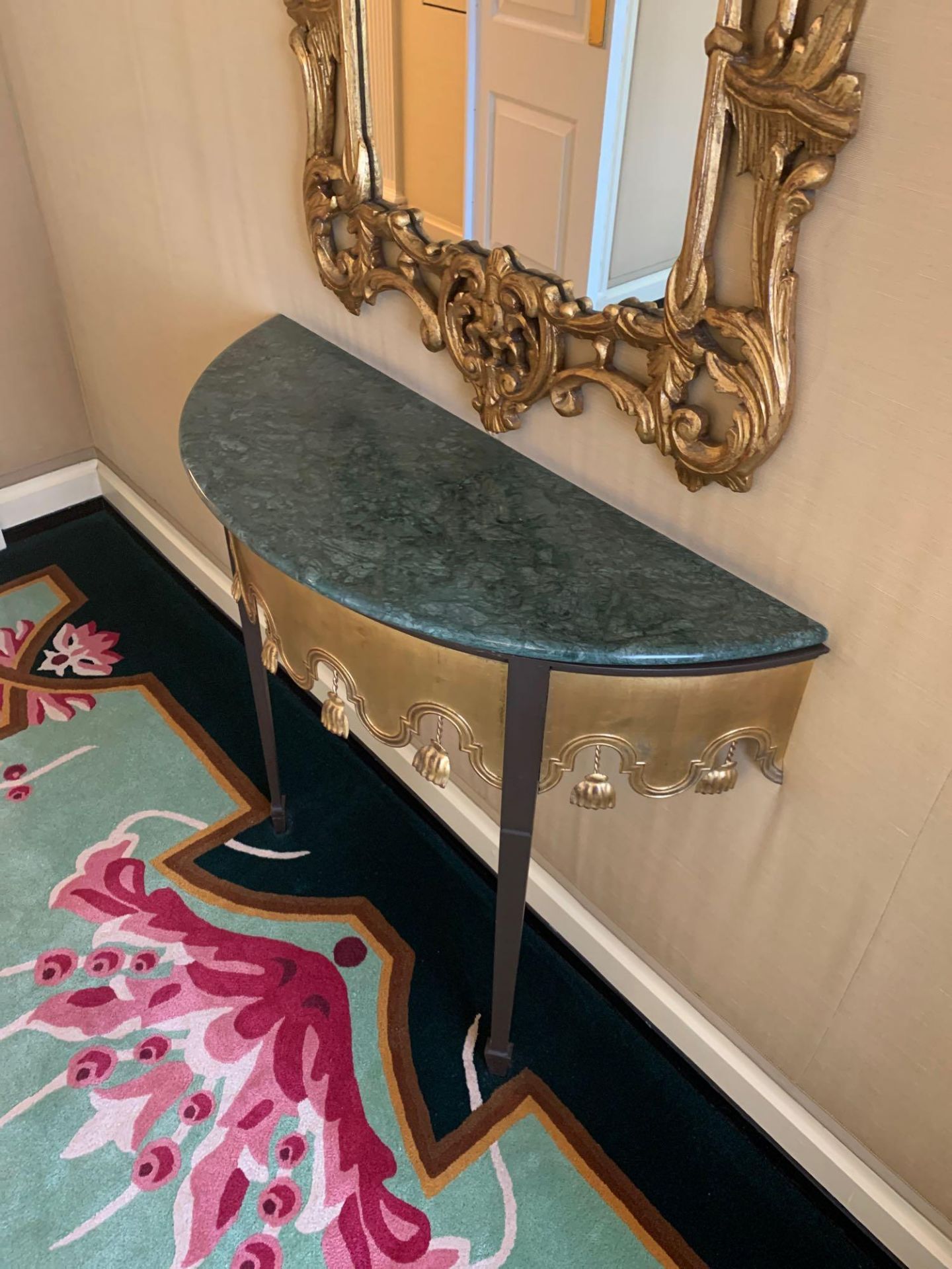 A Wall Mounted Two Legged Console Table The Metal Leg In Antique Bronze With A Detailed Gold Brass - Image 2 of 3