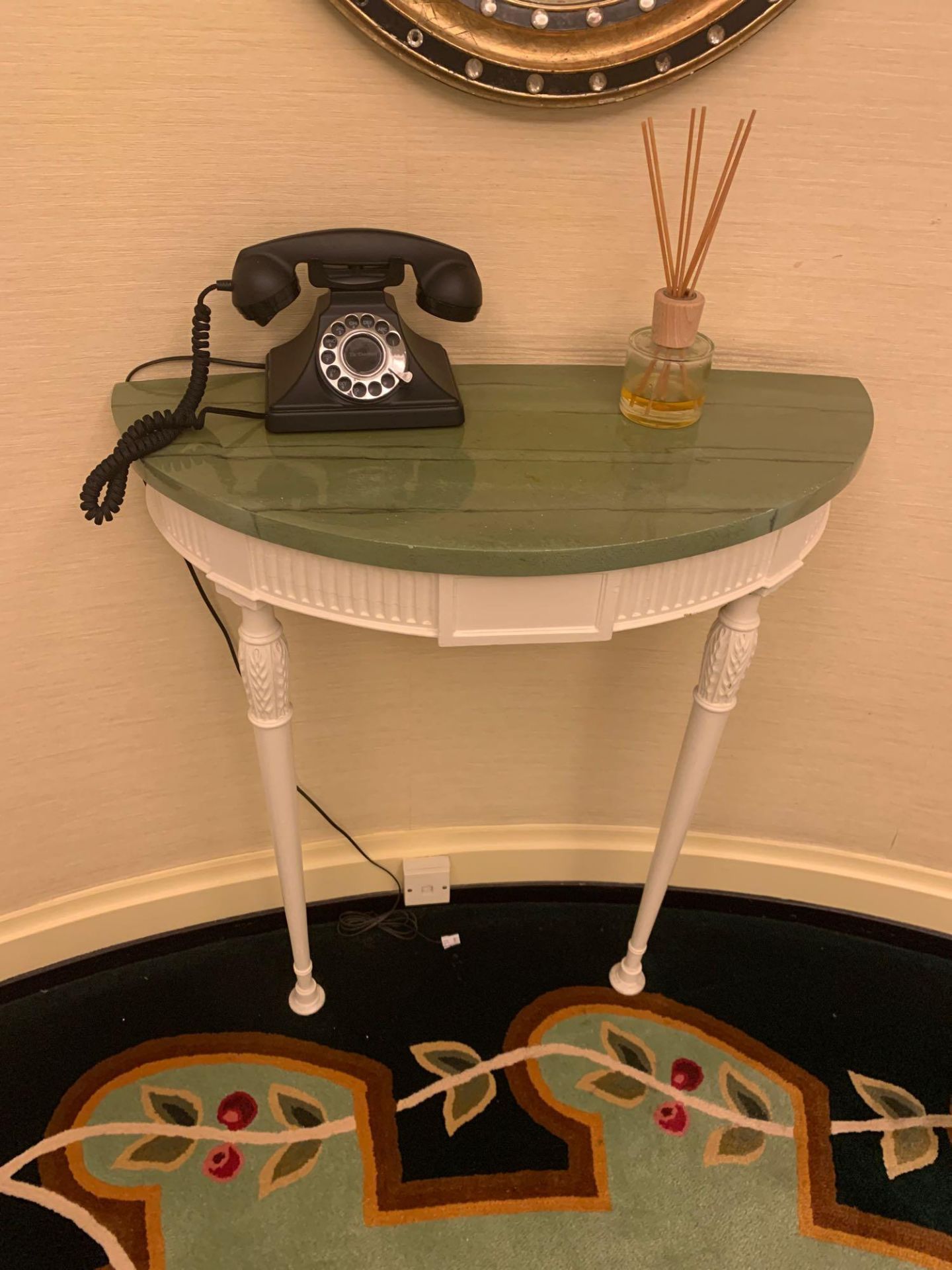 Demi Lune Console Table In Painted White With A Carved Detail Apron Below A Faux Marble Green Wood