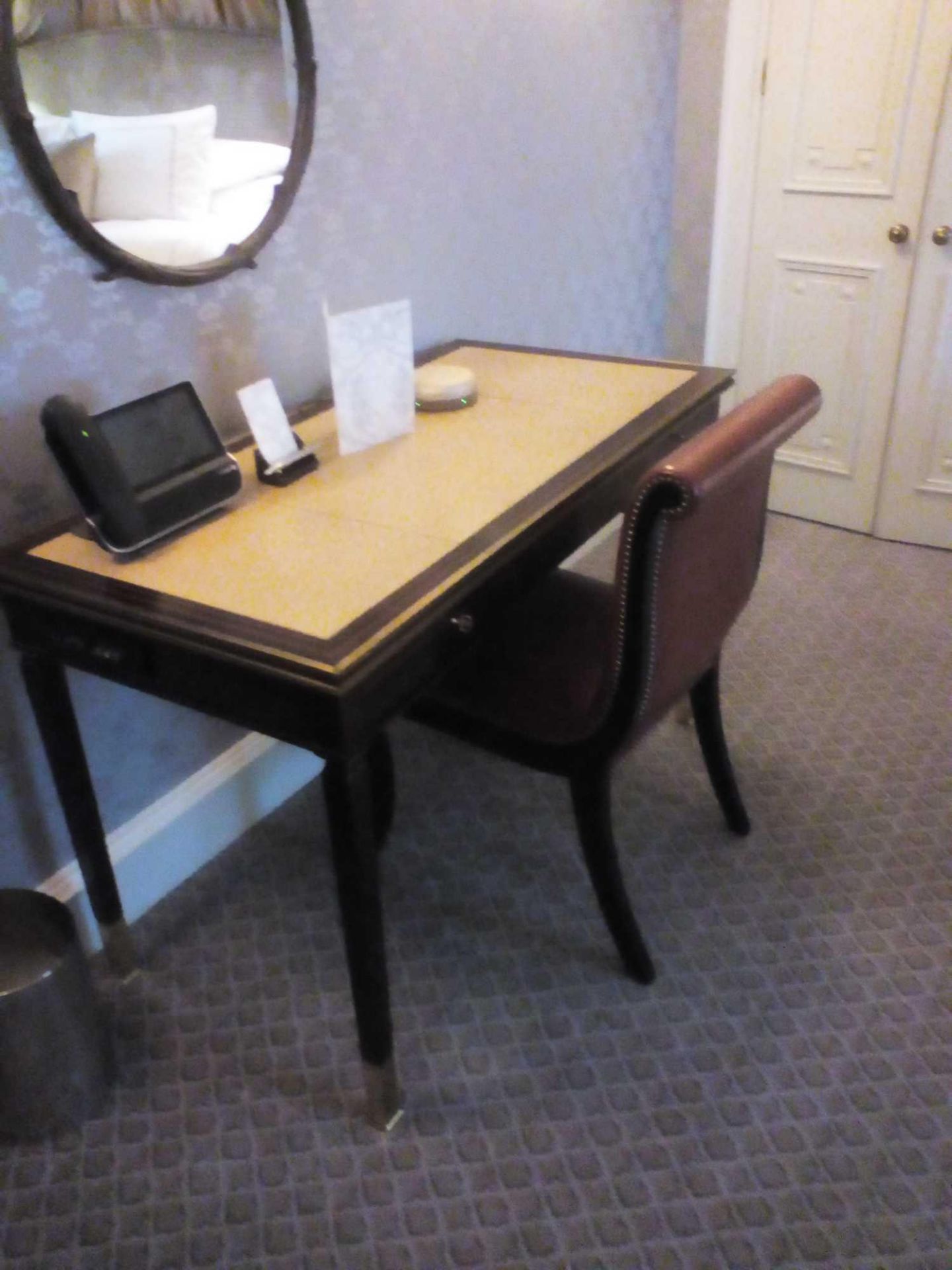 Writing Desk High Gloss Ebony Wood With Tooled Leather Inlay Faux Central Drawer Flanked By Single