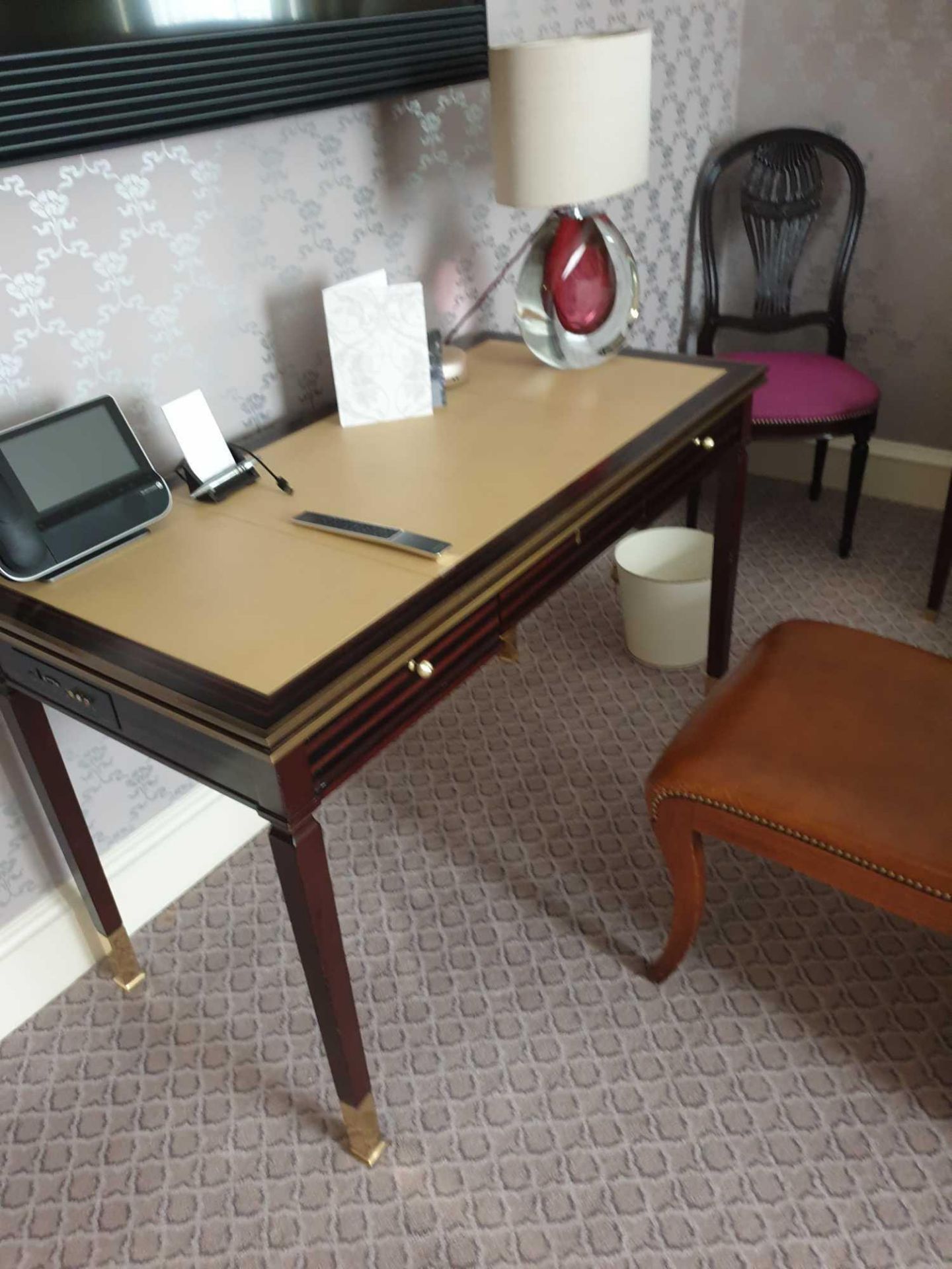 Writing Desk With Tooled Leather Inlay Faux Central Drawer Flanked By Single Drawer And Flap - Image 2 of 2