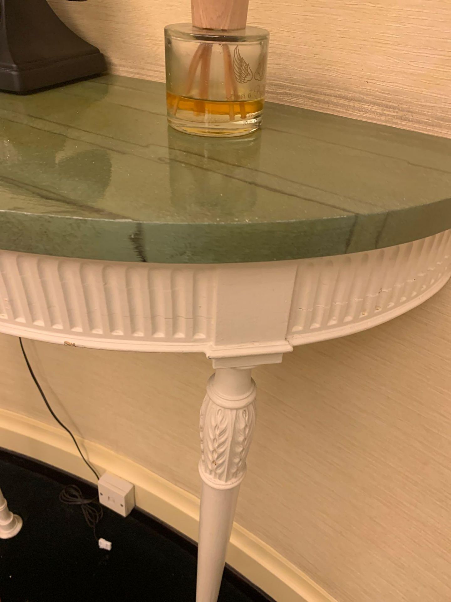 Demi Lune Console Table In Painted White With A Carved Detail Apron Below A Faux Marble Green Wood - Image 3 of 4