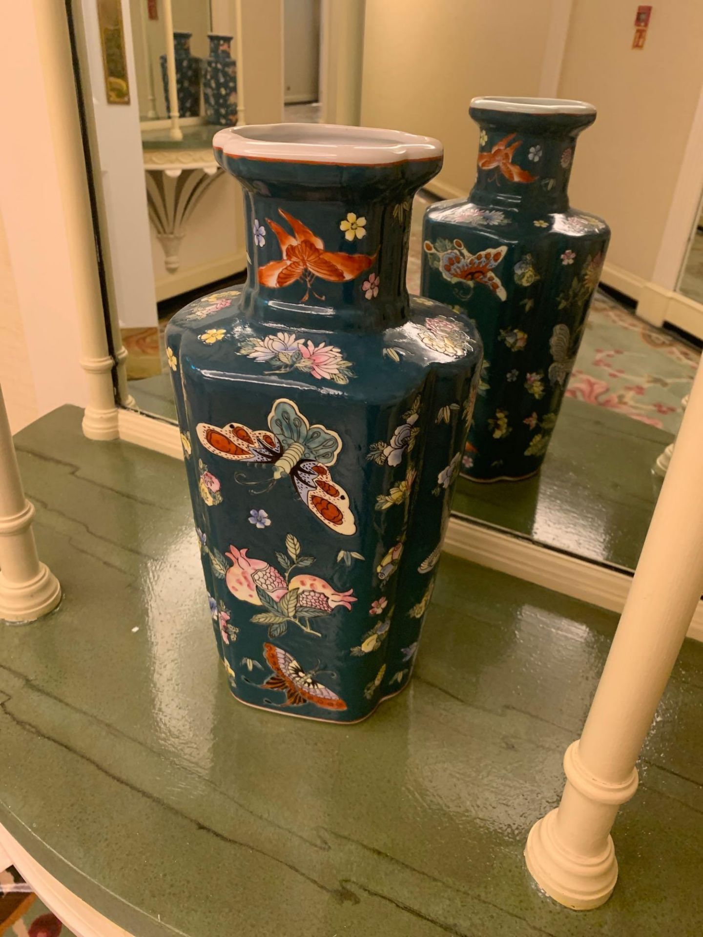 Tall Chinoiserie Porcelain Hand Painted Vase With Butterflies And Flora Commissioned By Maitland