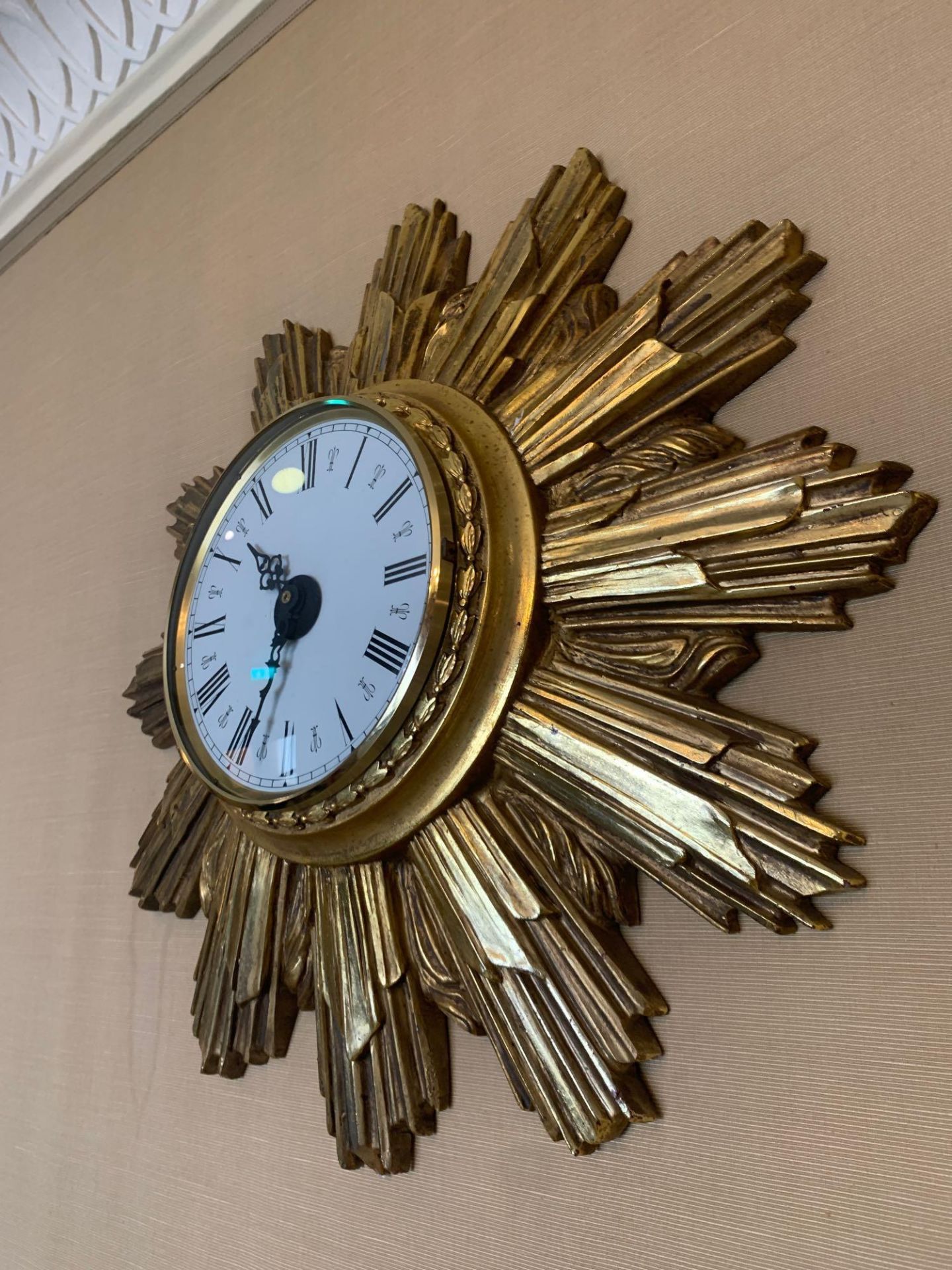 A Mid Century Carved French Gilt Wood Painted In Antique Brass Sunburst Wall Clock 50cm (Hall 1 lift - Image 2 of 3