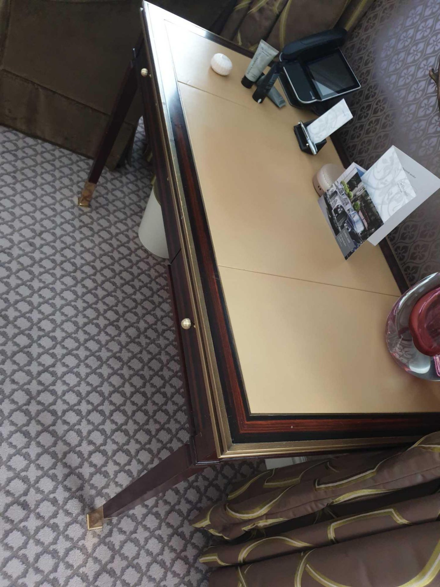 Writing Desk With Tooled Leather Inlay Faux Central Drawer Flanked By Single Drawer And Flap - Image 2 of 2