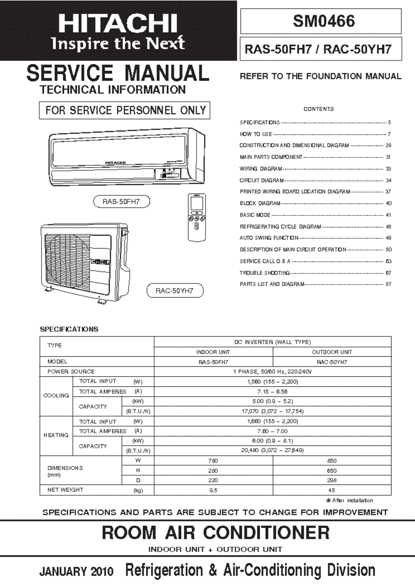 Hitachi RAC-50YH6 Mono split air conditioning unit with outside unit dimensions 850 x 298 x 650mm ( - Image 2 of 2