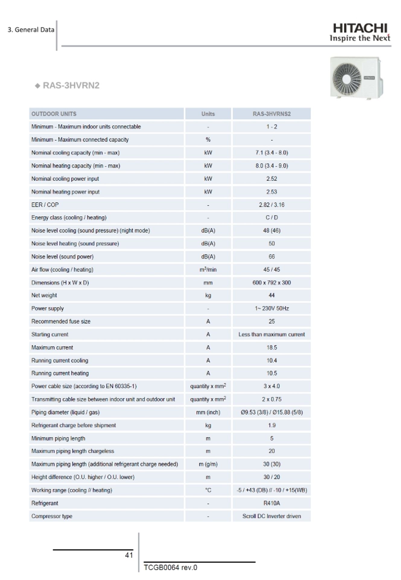 Hitachi RAS-3HVRNS2 Mono split air conditioning unit with outside unit dimensions 792 x 300 x - Image 2 of 2