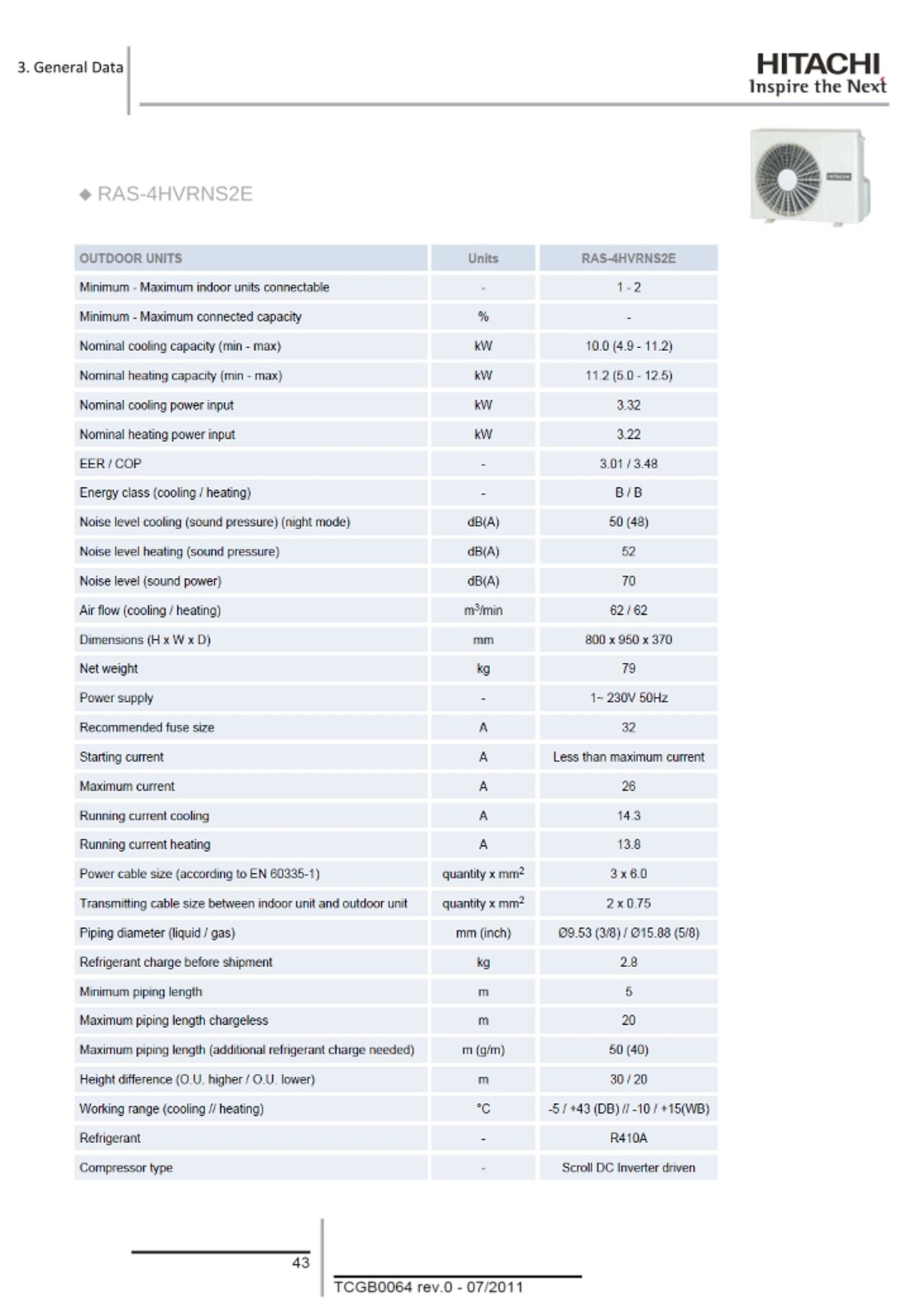 Hitachi RAS-4HVRNS2EMono split air conditioning unit with outside unit dimensions 950 x 370 x - Image 2 of 2