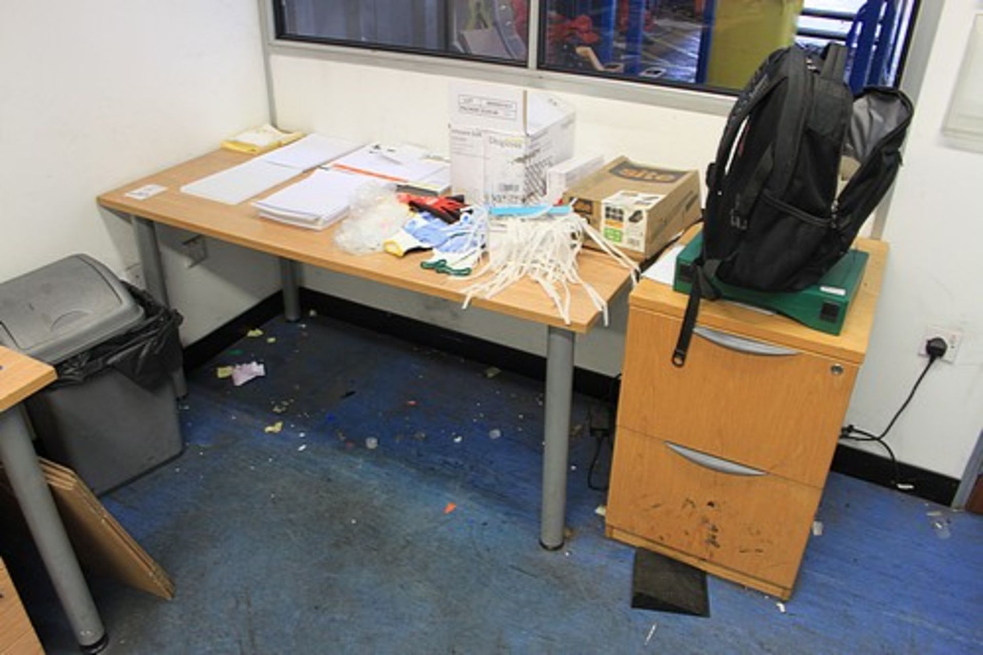 Contents of dispensary office comprising 3 x office desks,2 filing pedestals a notice board and - Image 2 of 2