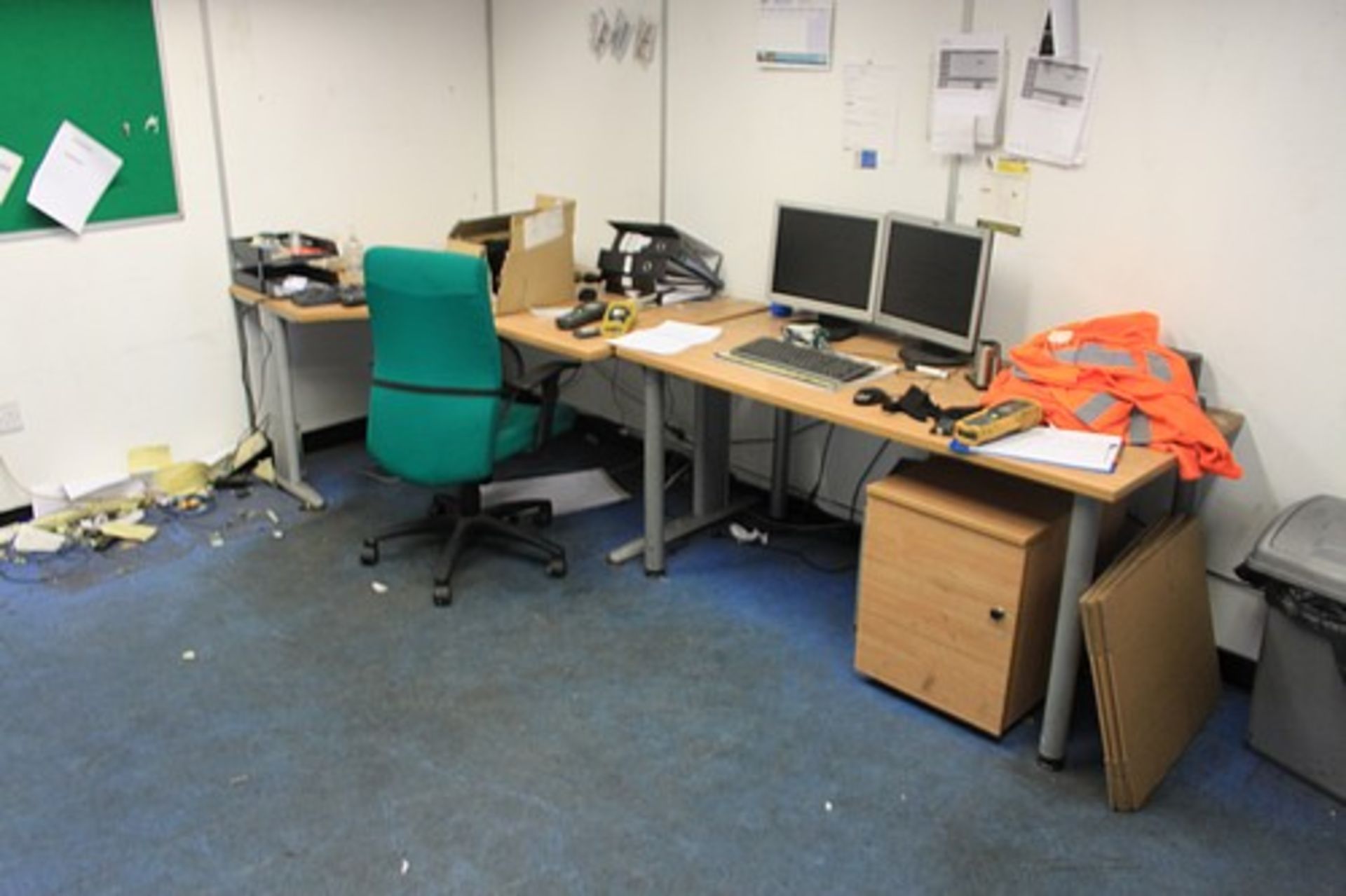 Contents of dispensary office comprising 3 x office desks,2 filing pedestals a notice board and