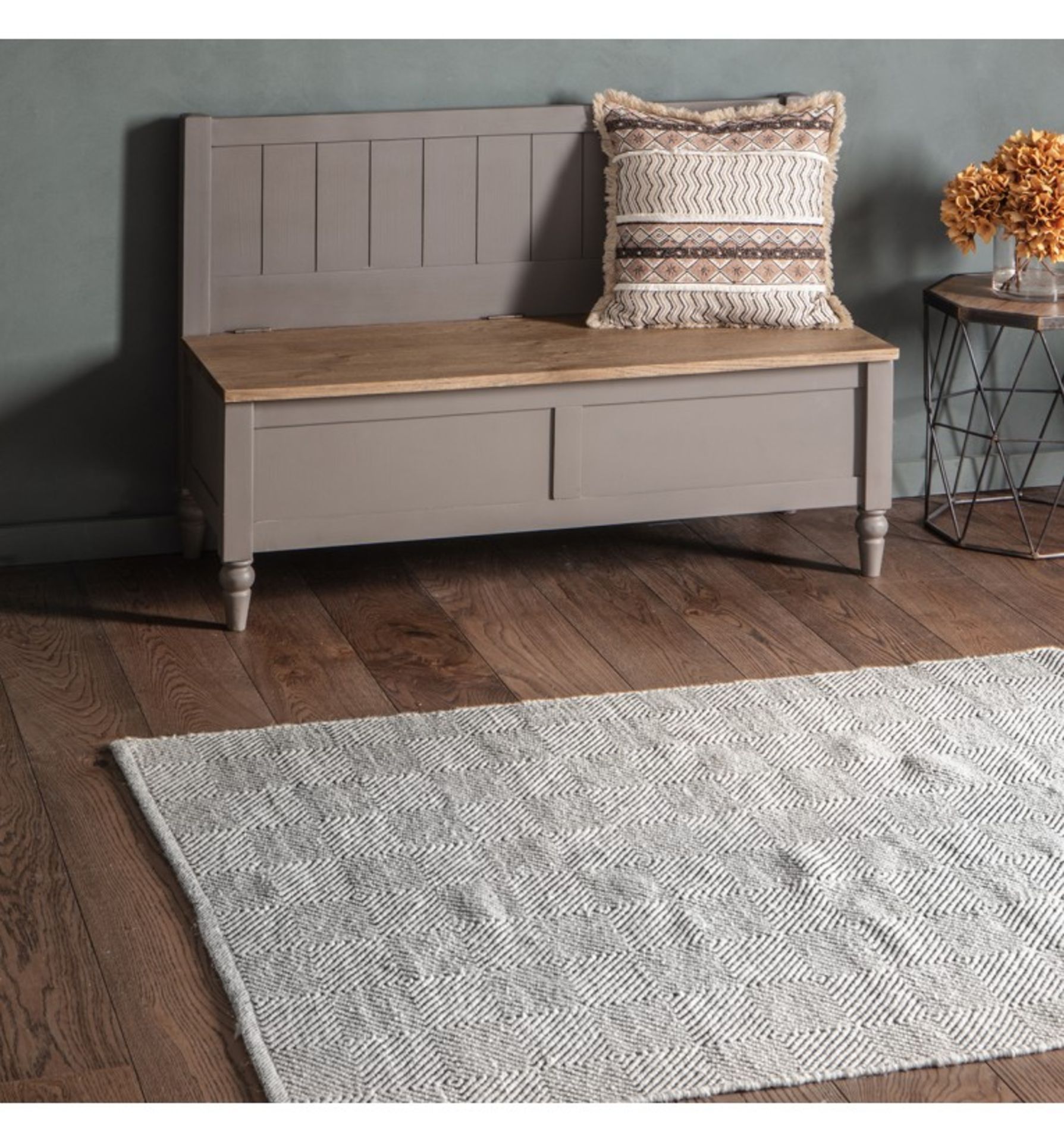 Lima rug in slate grey featurs a geometric inspired diamond pattern in a monochrome finish with a