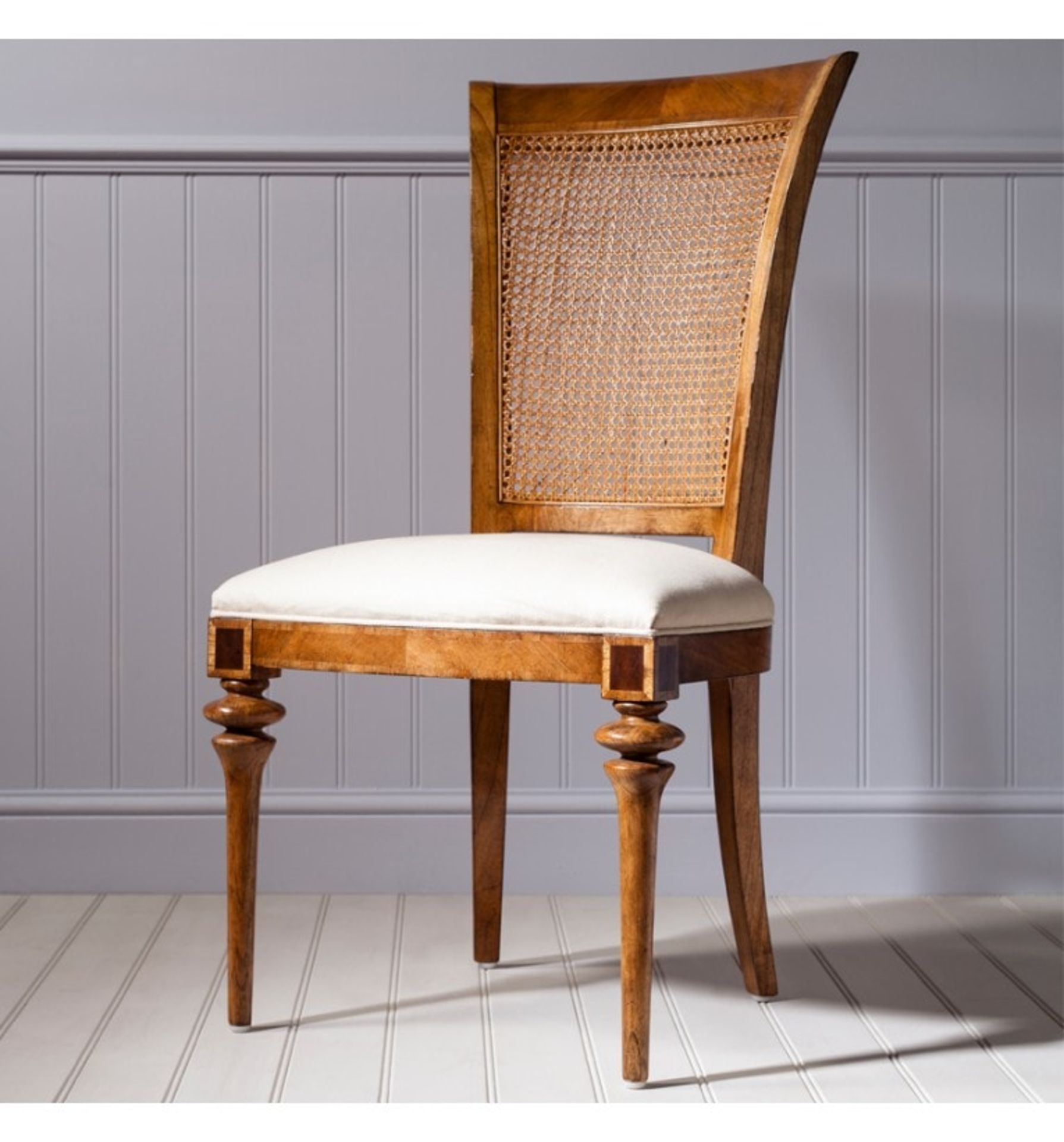 Spire Dining Cane Back Side Chair Blonde European walnut with intricate inlays, antiqued hand wax