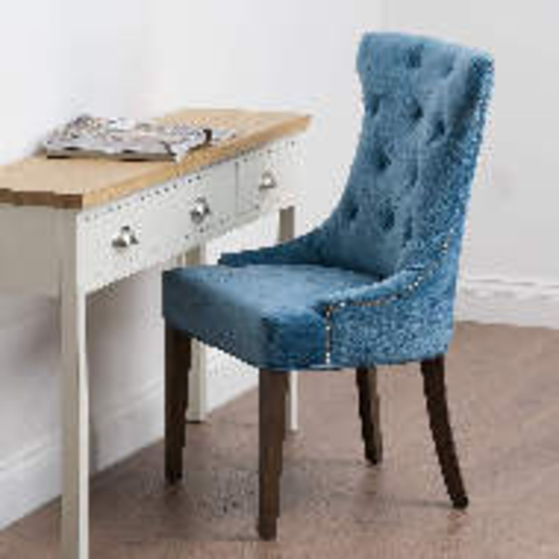 A Pair Of Teal Wing Chair Button Pressed Cocktail Chairs, Made In A Chenille Material And Finished