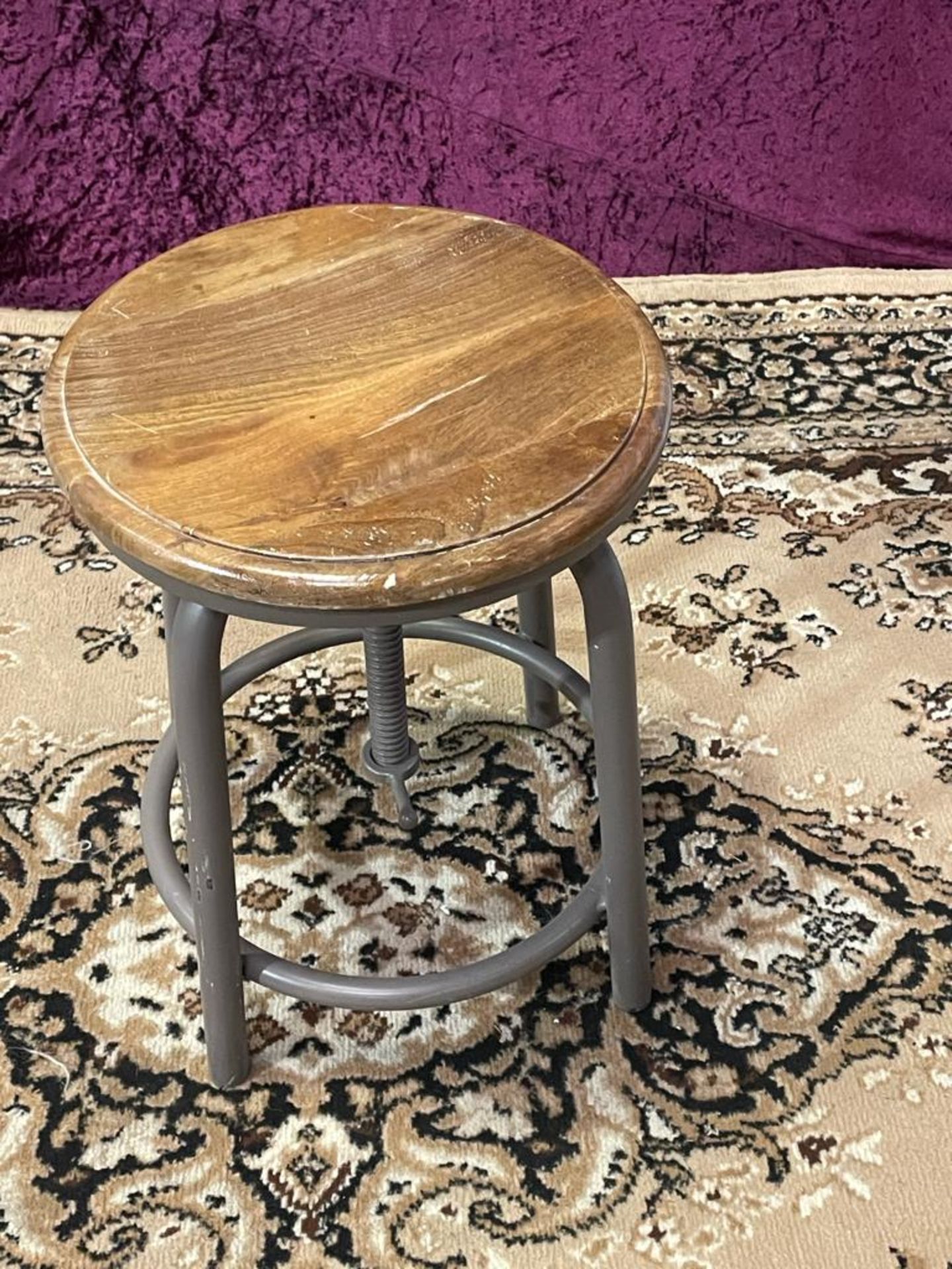 A set of 3 x  rustic metal stools wood top with painted metal base 1 x cream 1 x red 1 x grey 33 x