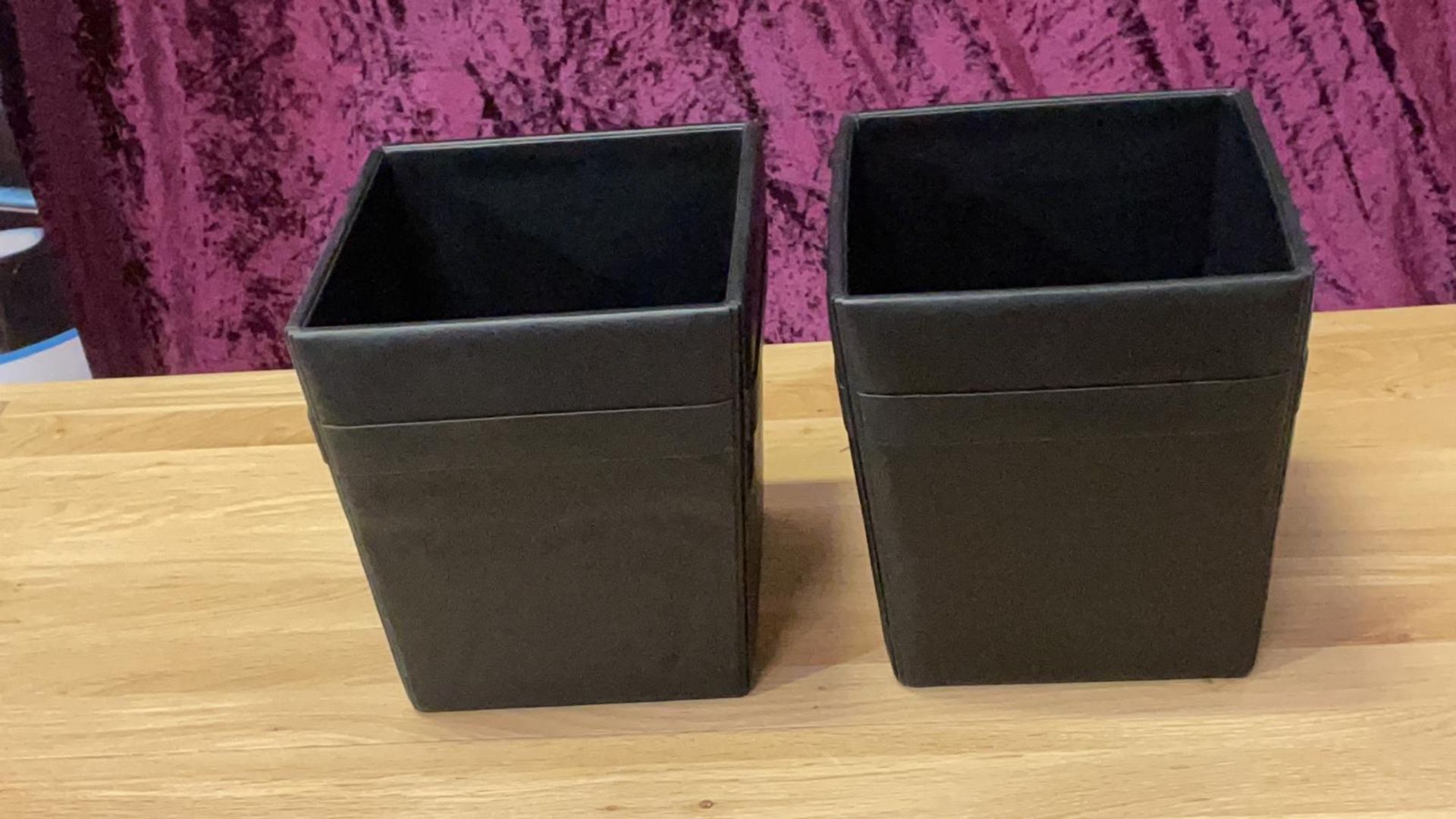 A pair of faux leather clad paper bins - Wooden structure and high quality PU leather surface