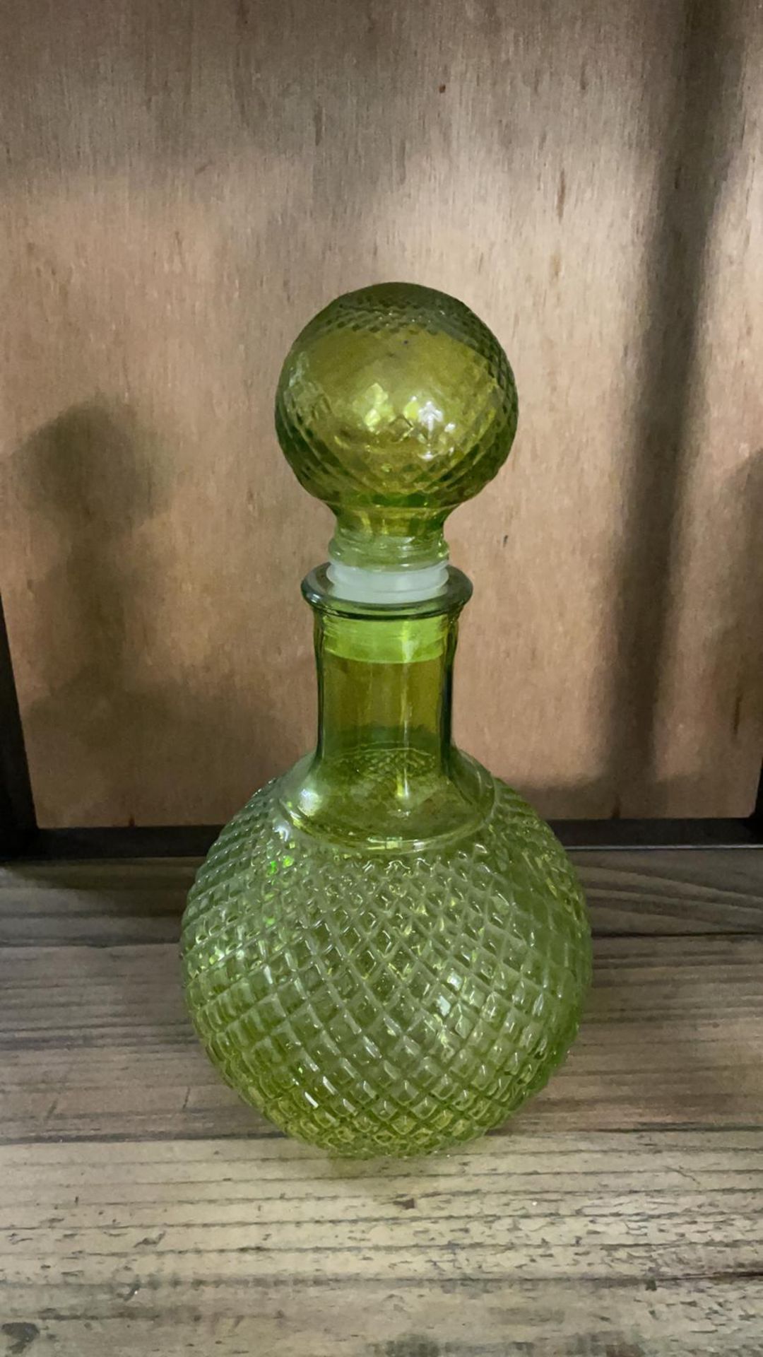 Vintage retro mid century textured sage green glass carafe with stopper 26.5cm