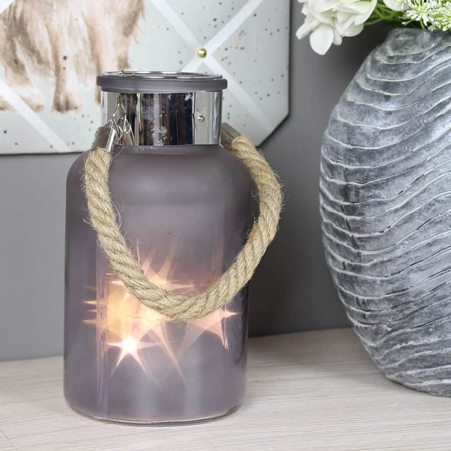 Small Frosted Grey Glass Jar with Rope Detail and LED Lights 17200
