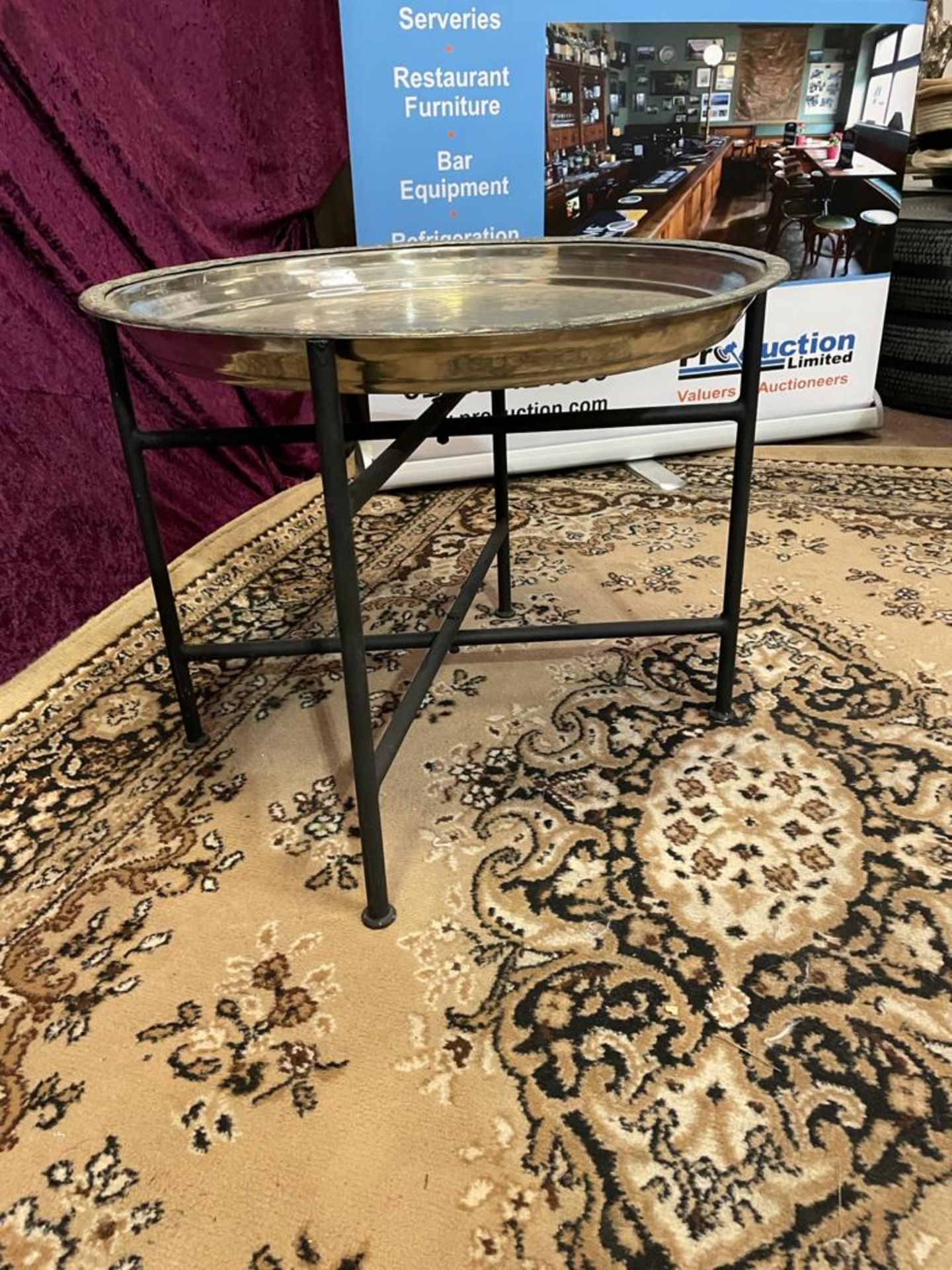 Hammered Metal Top Round Tray Table With Black Metal Legs 45 X 60cm