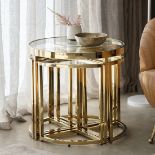 Moresco Side Table Gold With Antique Gold Metal Features And A Glass Top, The Gallery Moresco Side