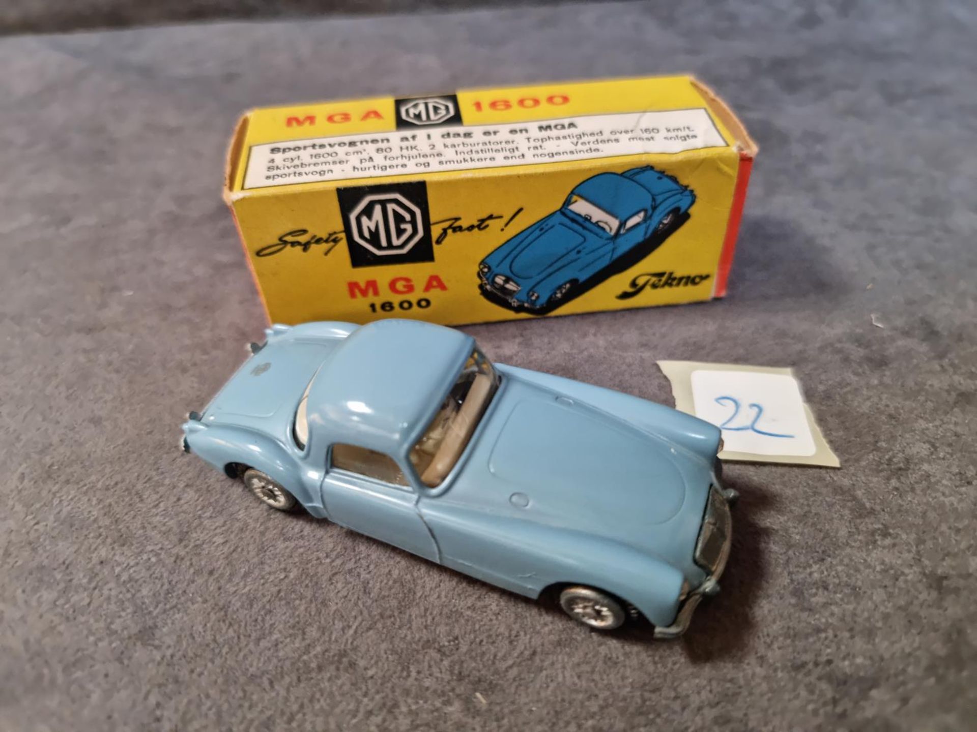 Tekno Diecast #824 MGA 1600 In Blue With A White Interior Mint Model With Firm Excellent Box Made In