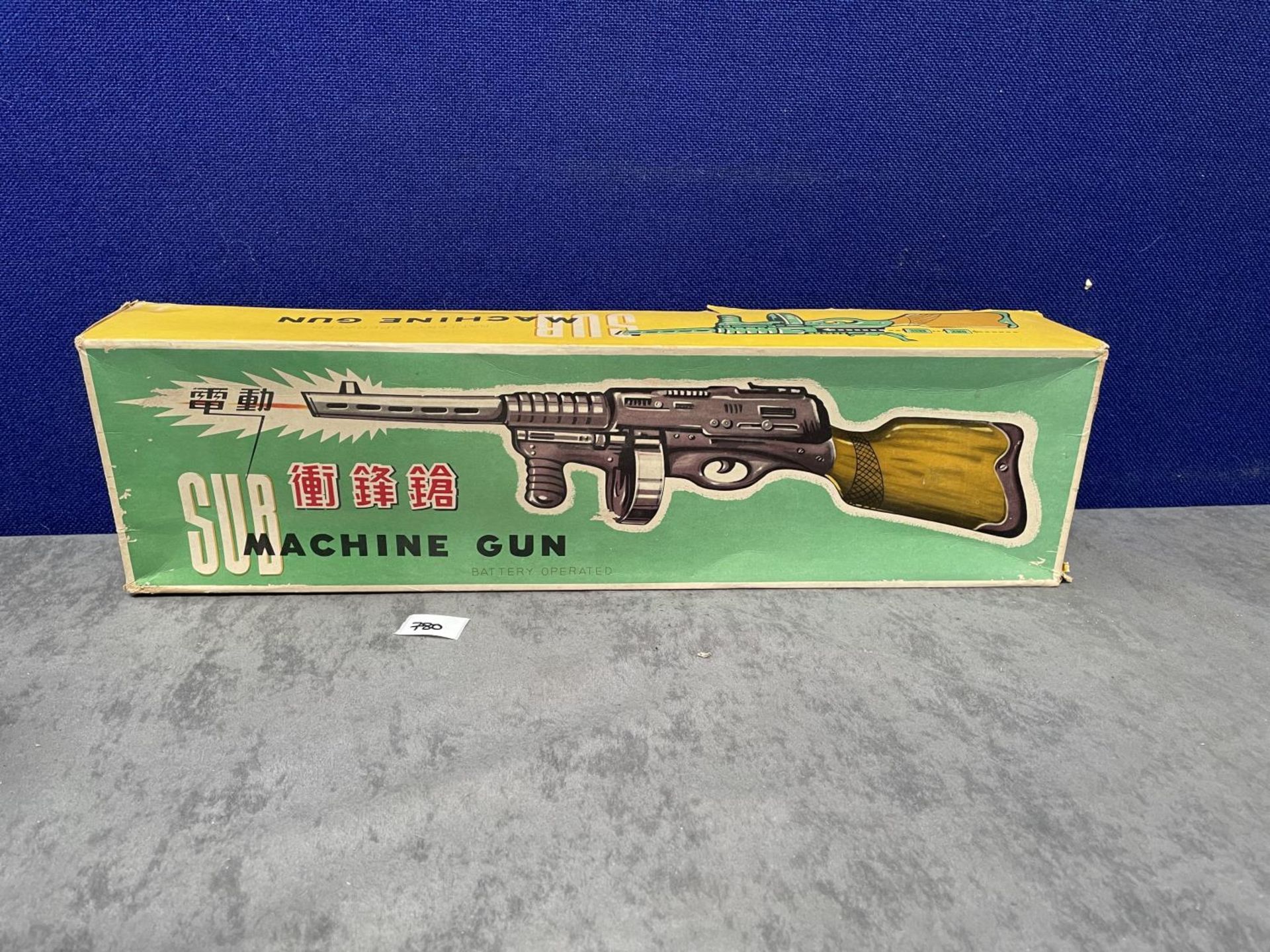 Sub Machine Gun ME601 Battery Operated 1960 Length 20" 1/2 Tin Toy Made In China In Box