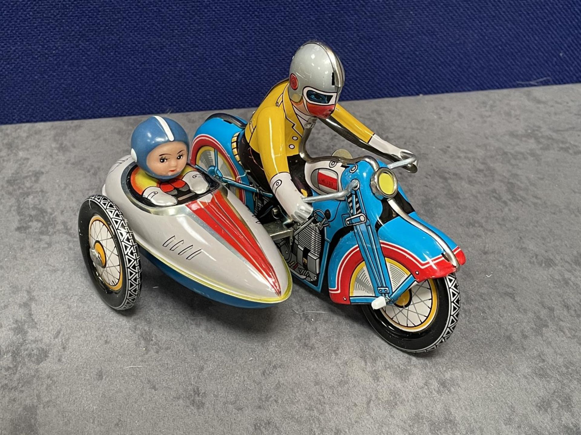 Clockwork Tinplate Motorcycle With Sidecar With Instruction Sheet In Box - Image 2 of 4