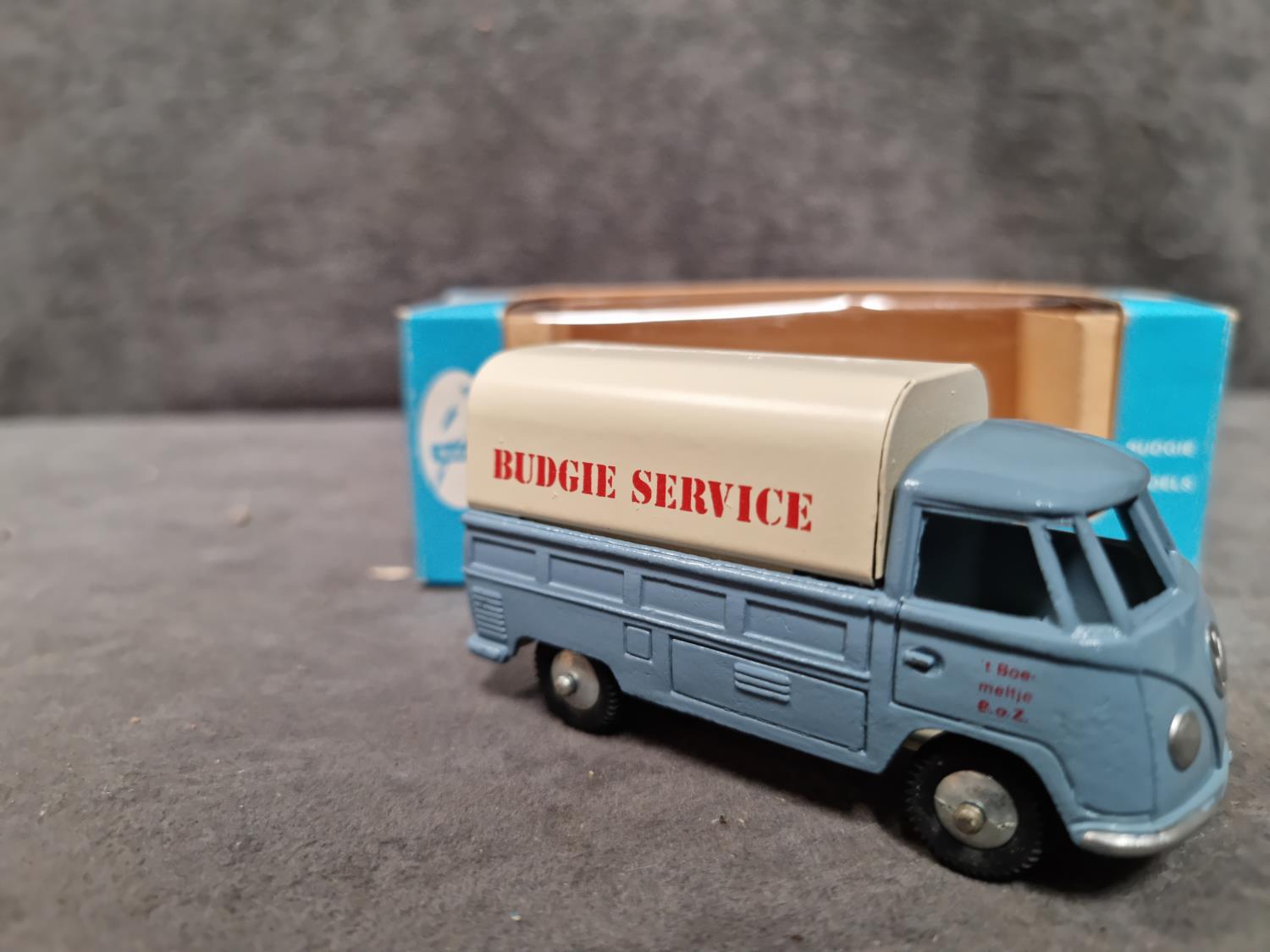 Budgie Toys No.204 VW Pickup Blue Grey Body White Hood Decal Reads Budgie Services In Mint Box - Image 3 of 3