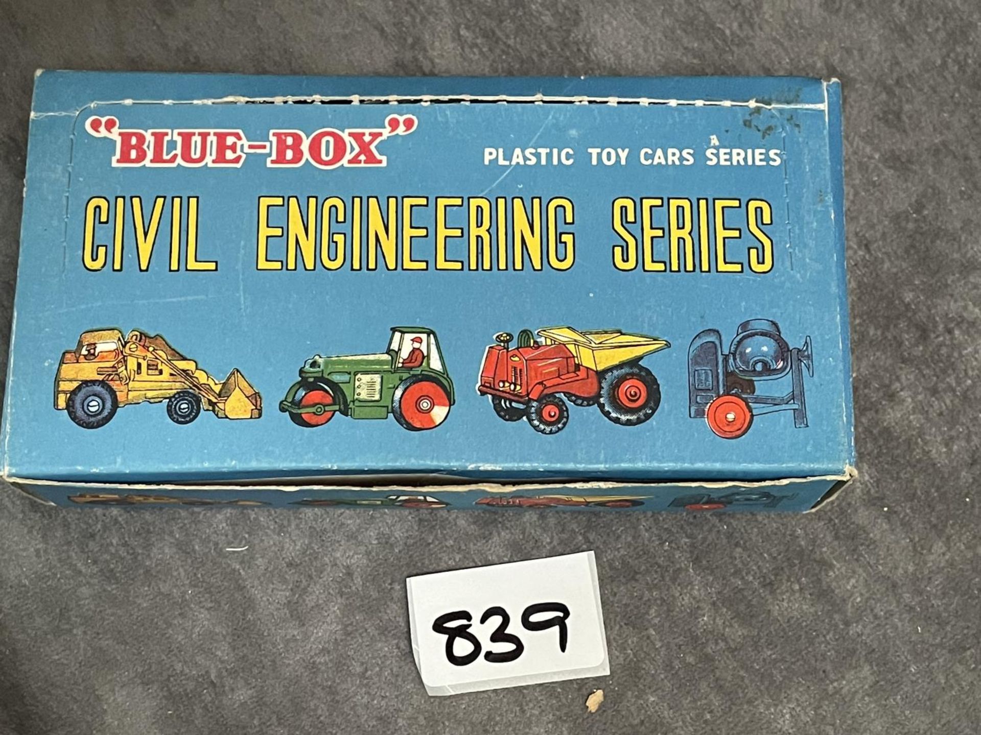 Blue Box Plastic Toy Cars No. 7404 Civil Engineering Series With 4 Vehicles In Box. Made In Hong
