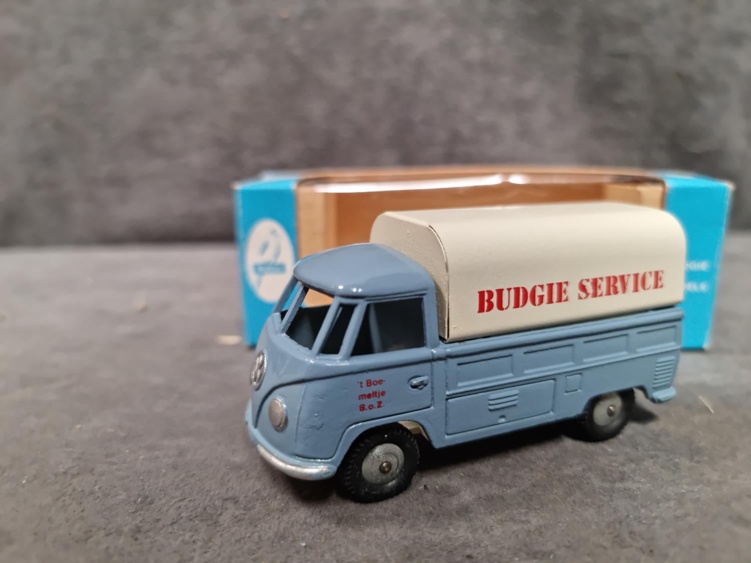 Budgie Toys No.204 VW Pickup Blue Grey Body White Hood Decal Reads Budgie Services In Mint Box - Image 2 of 3