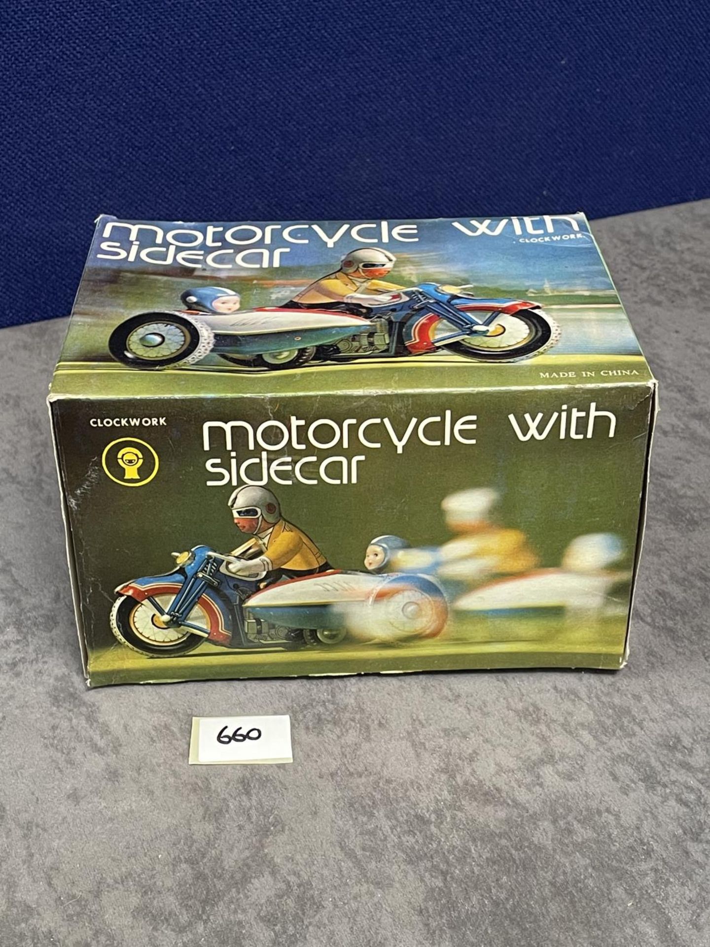 Clockwork Tinplate Motorcycle With Sidecar With Instruction Sheet In Box