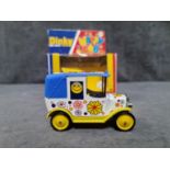 Dinky #120 Happy Cab In Good Box White/Tellow/Blue Solid Wheels. Flower Power Stickers. 1980