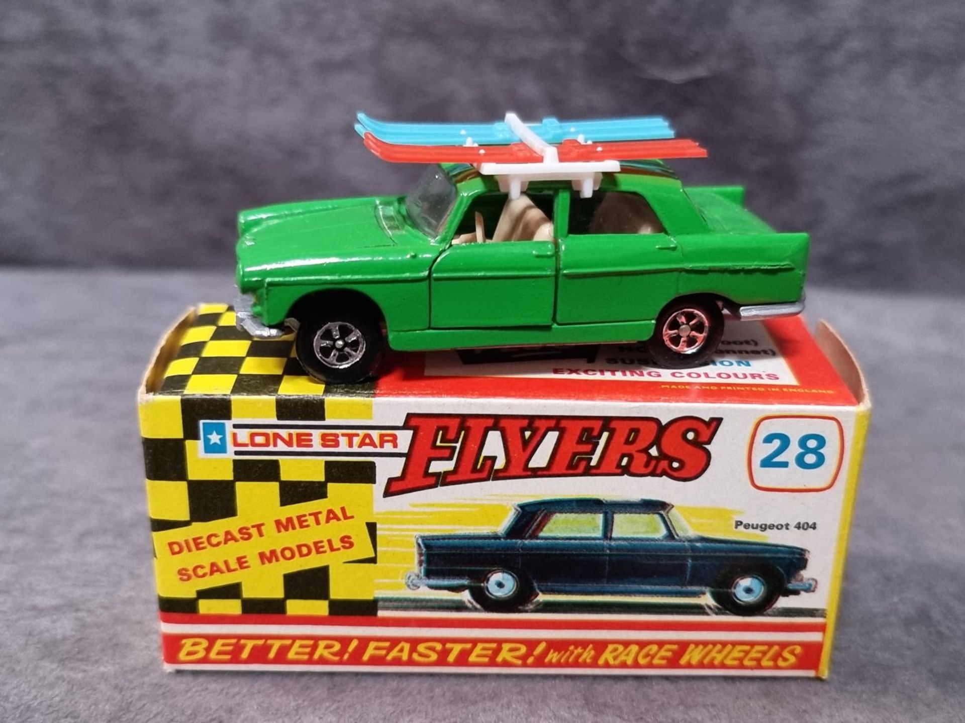 Lonestar Flyers #28 Peugeot 404 Green Beige Interior With Two Sets Skis - Image 2 of 2