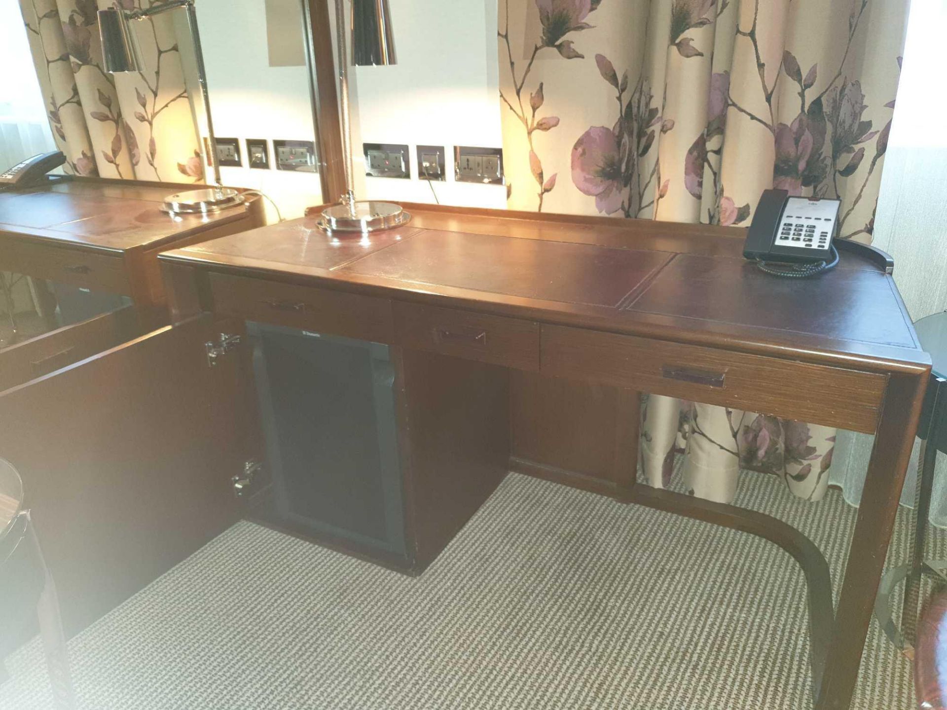 Walnut Veneer Desk By David Salmon Three Drawer And Cupboard Fitted With Dometic Minibar Hipro